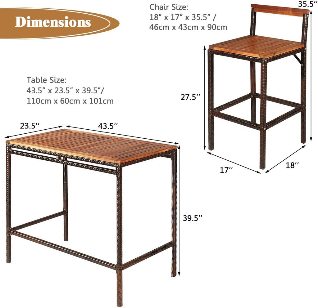 3 PCS Rattan Bar Table Set with Acacia Wood Top and 2 Bar Chairs E7961