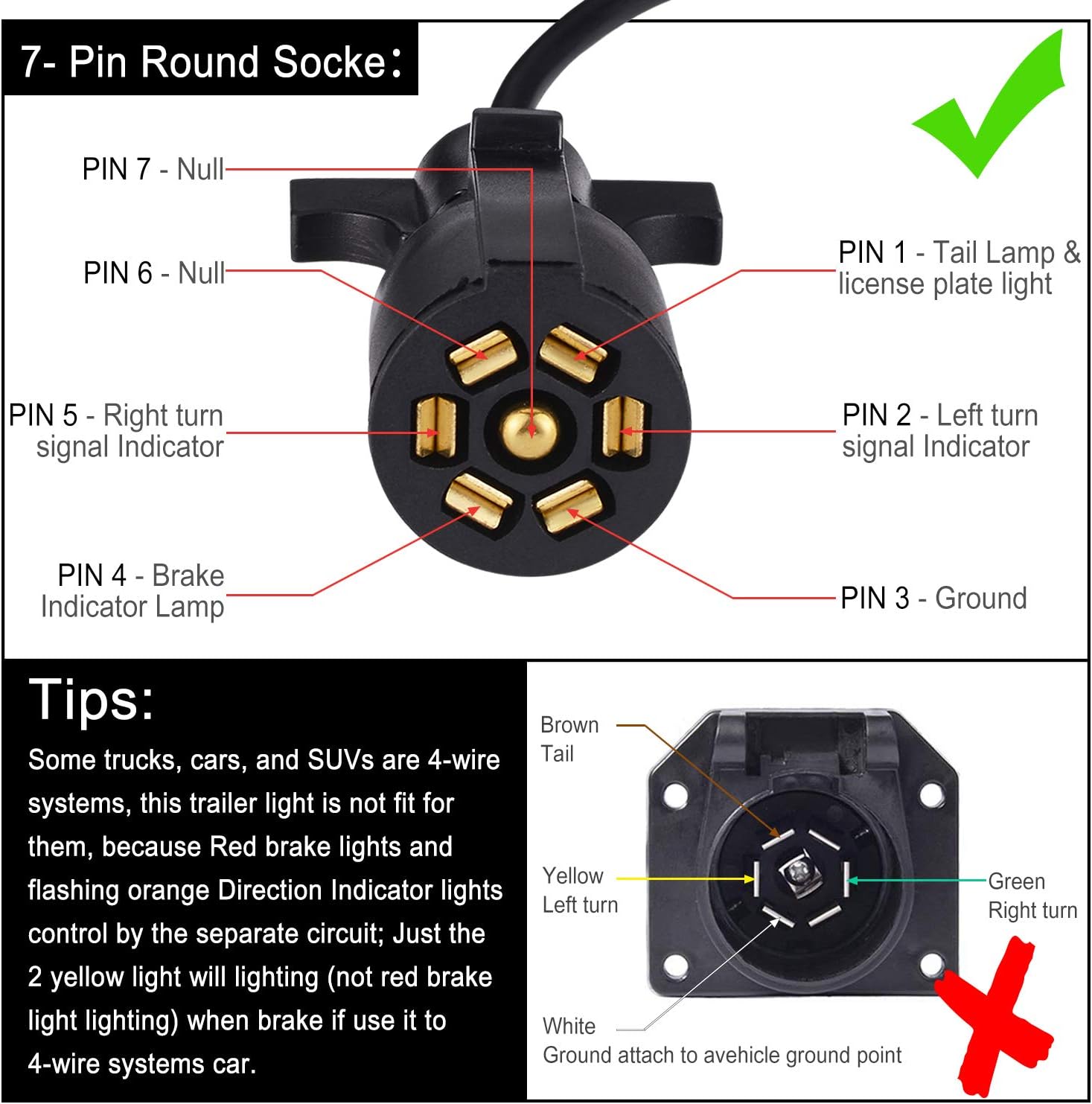 Magnetic LED Trailer Towing Light Kit, 24ft Cable with 7 pin plug, IP68 Waterproof L716079