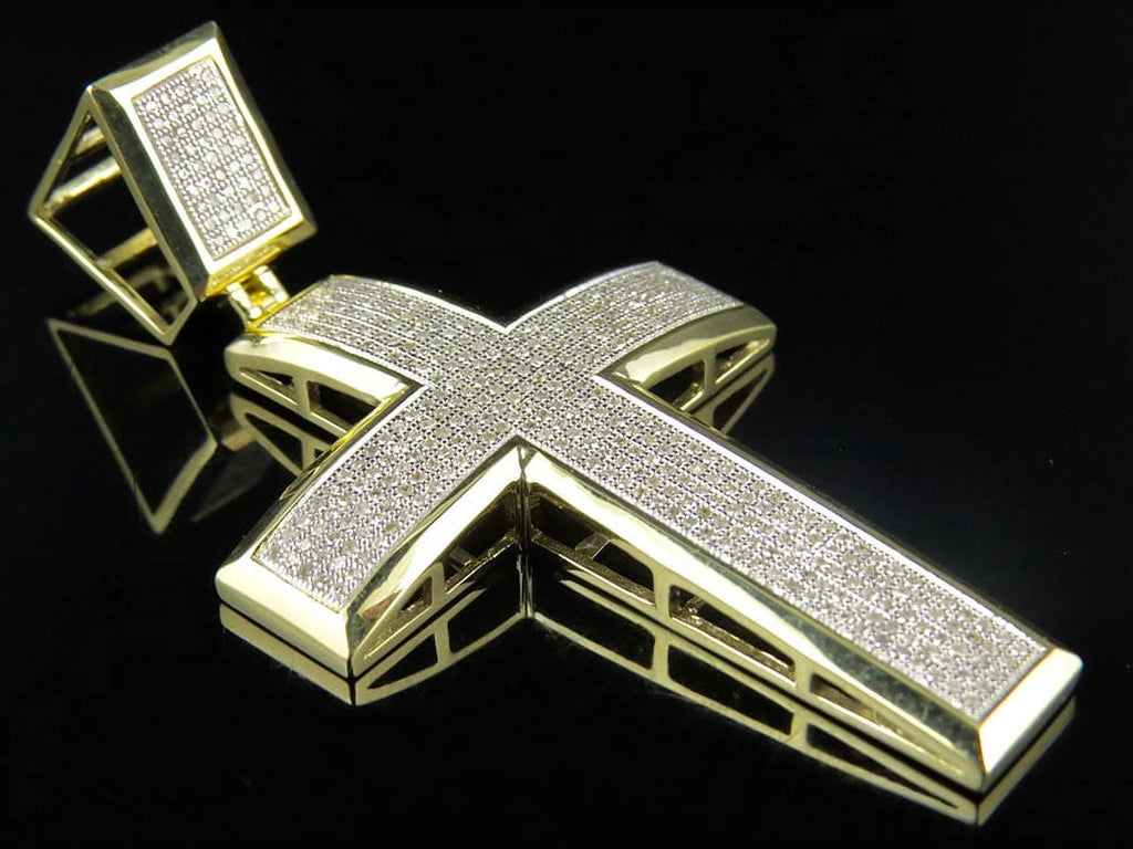 10K Yellow Gold Dome Cross Pendant Charm 1.70ct P2399
