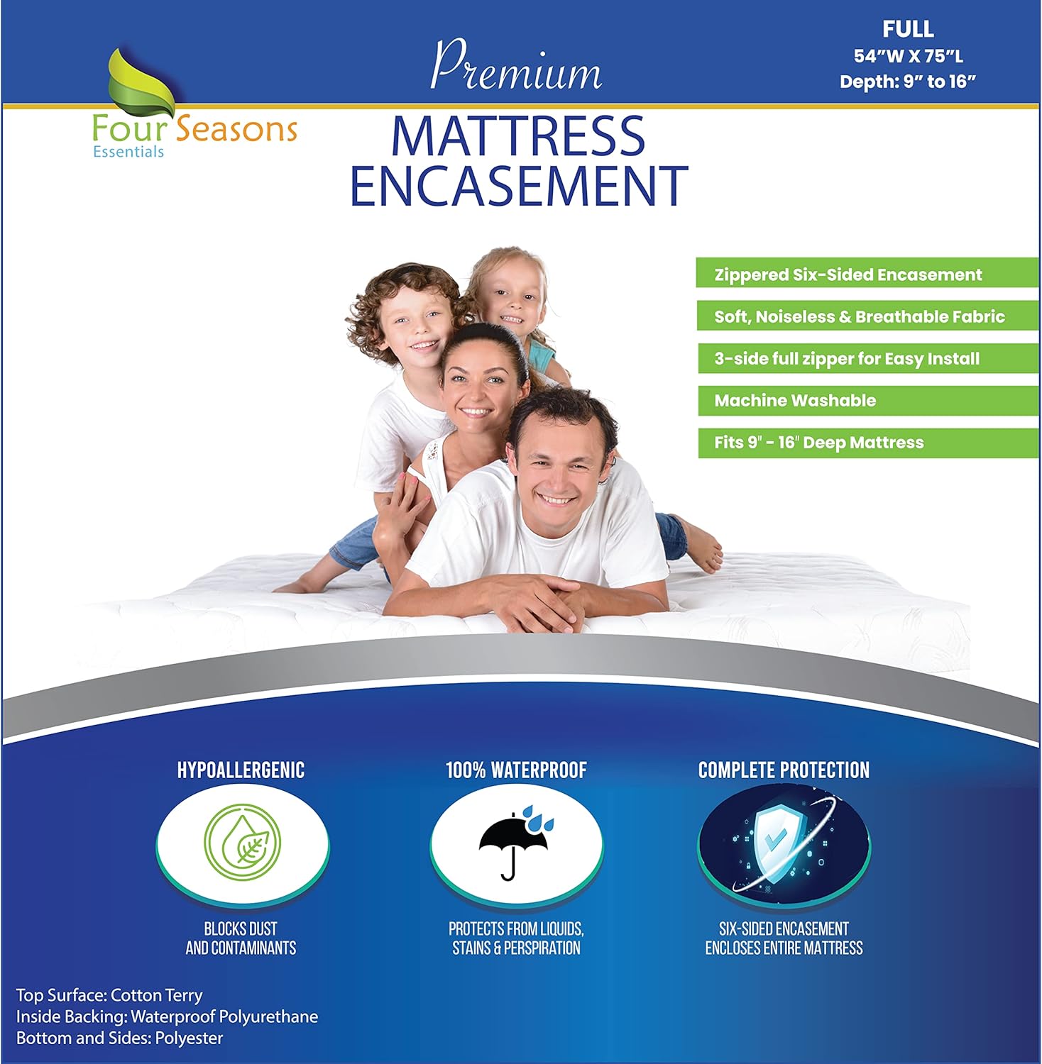 Full Size Zippered Waterproof Cotton Terry Mattress Protector Pack of 2 J41623