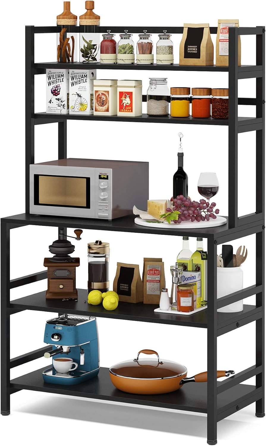 5-Tier Kitchen Bakers Rack with Hutch, Industrial Microwave Oven Stand, Free Standing Kitchen Utility Cart Storage Shelf Organizer (Rustic Brown) B741776