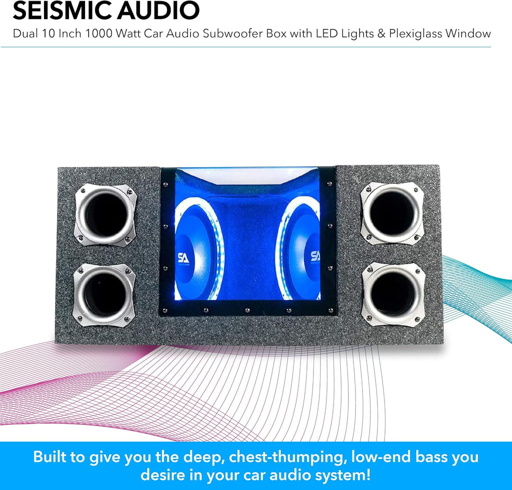 Dual 10 Inch 1000 Watt Car Audio Subwoofer Box with LED Lights & Plexiglass Window W14897
