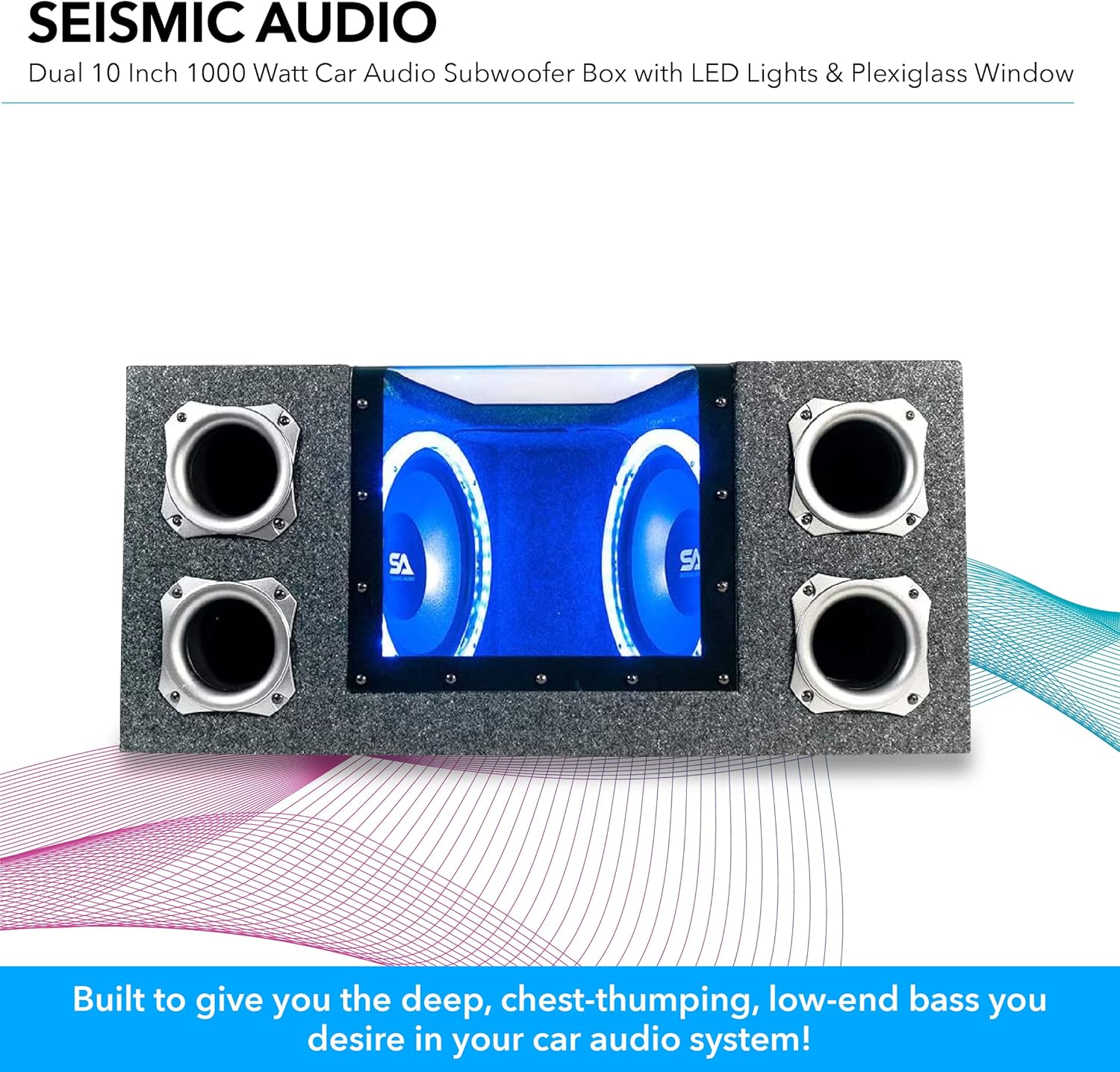 Dual 10 Inch 1000 Watt Car Audio Subwoofer Box with LED Lights & Plexiglass Window W14897