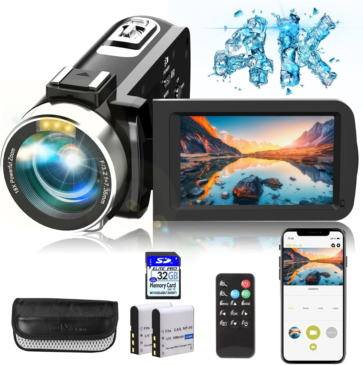4K Camcorder with IR Night Vision and 18X Digital Zoom A32895