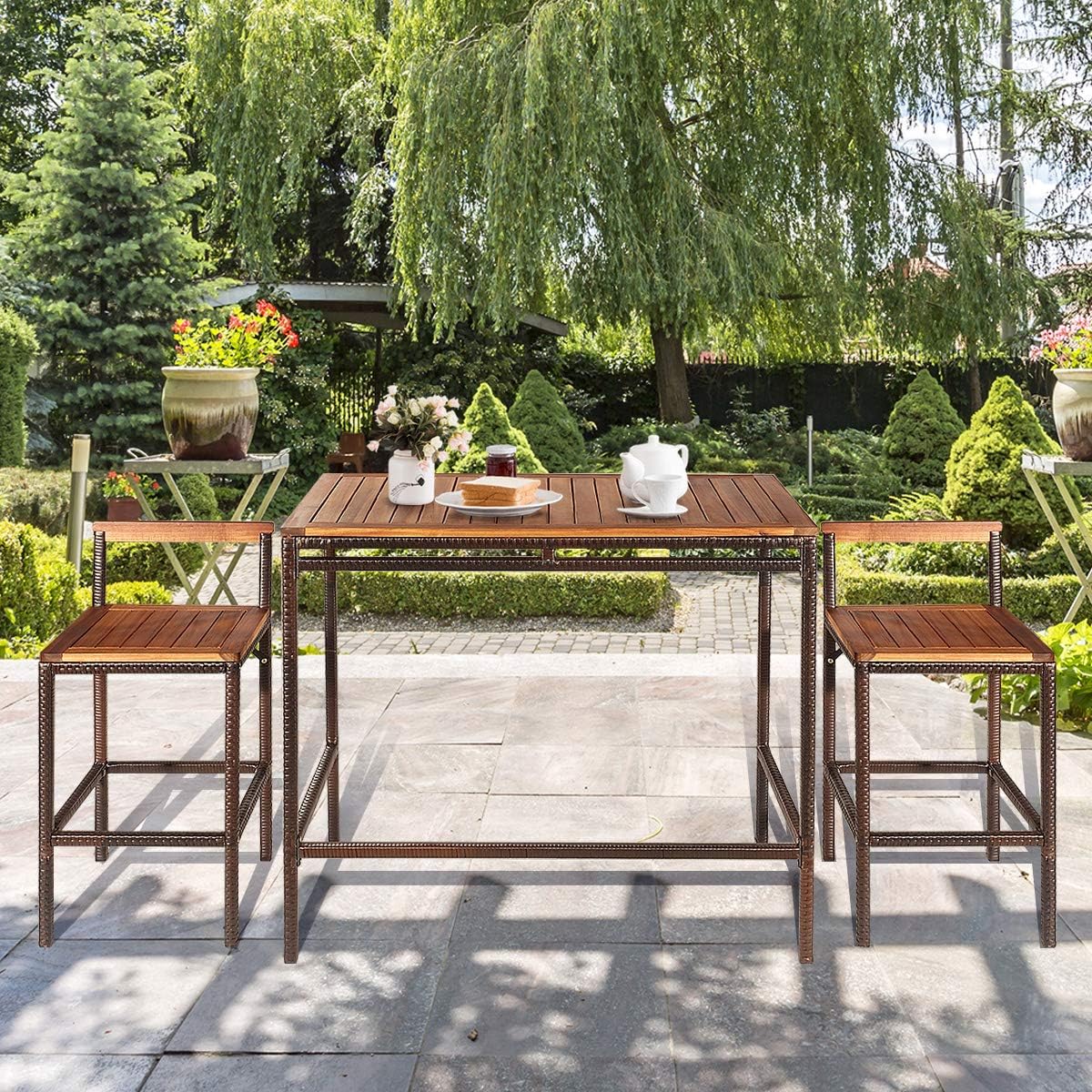 3 PCS Rattan Bar Table Set with Acacia Wood Top and 2 Bar Chairs E7961