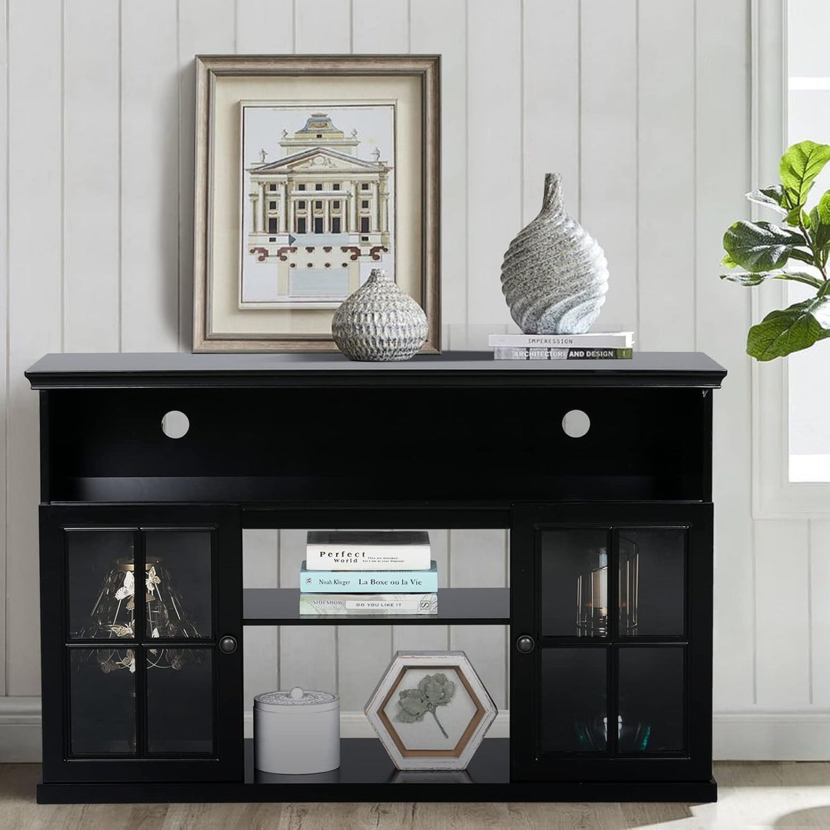 White Fireplace TV Stand with Insert Fireplace and Adjustable Shelves M8830