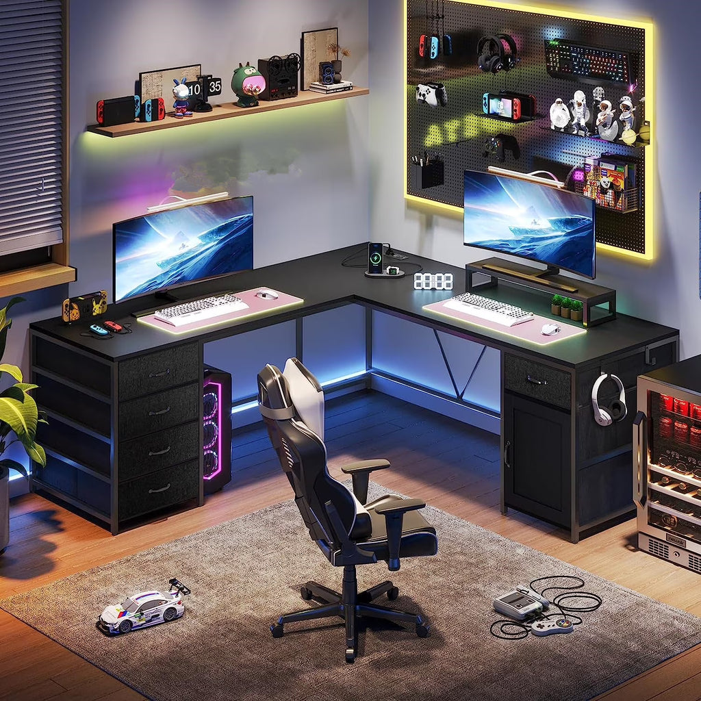 Black L Shaped Computer Desk with Power Outlet, 5 Drawers C249