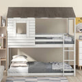 Antique White Twin Over Twin Solid Wood Loft Bed with Ladder D491
