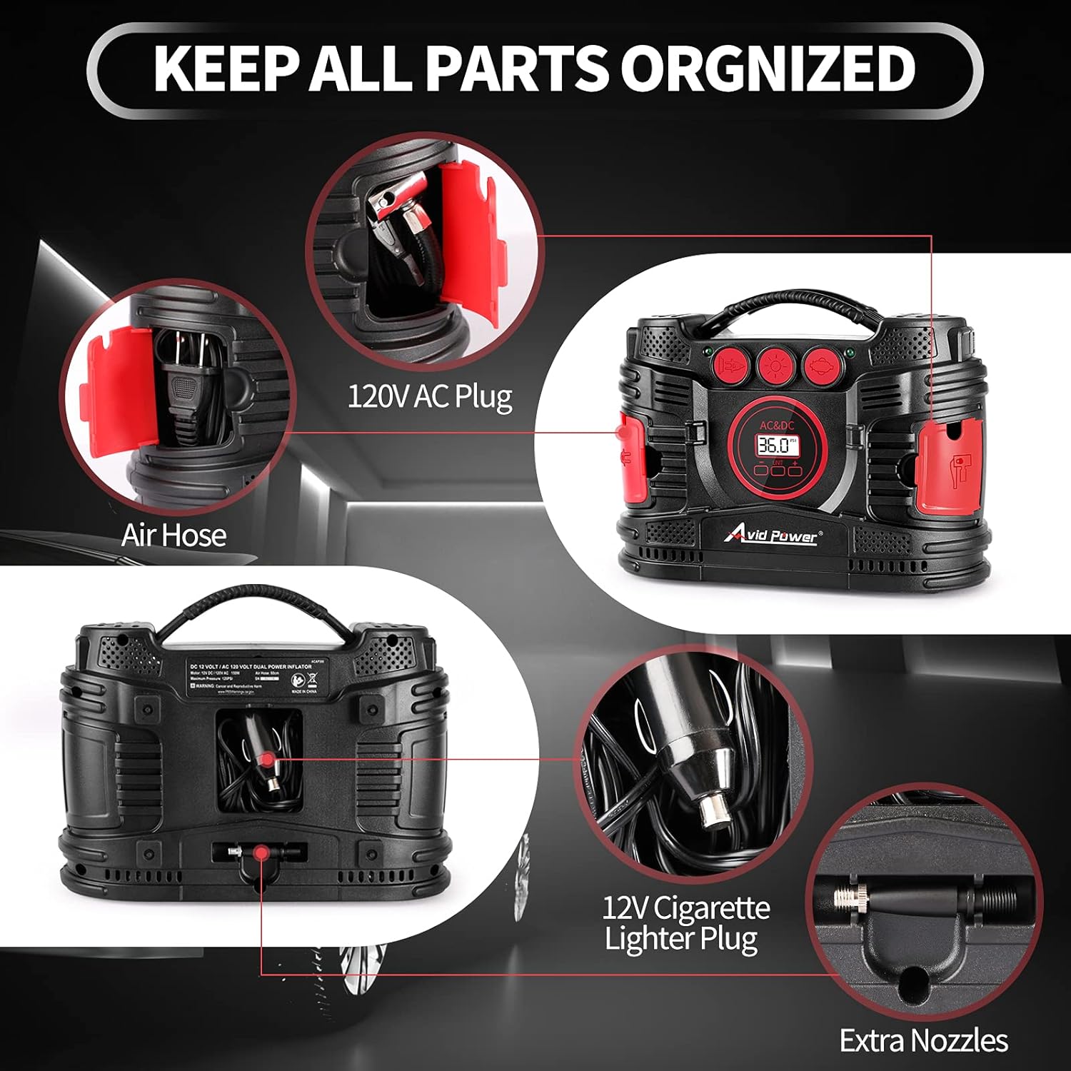 AC/DC Tire Inflator Portable Air Compressor with Dual Motors Digital Gauge LED Light Pack of 2 B2701