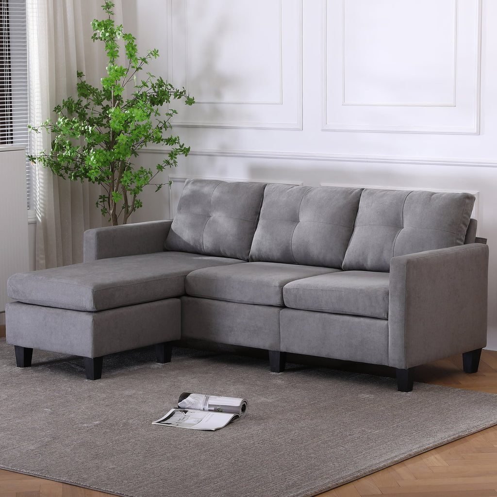 75" Gray Fabric Sofa and Chaise Convertible to Ottoman O7184