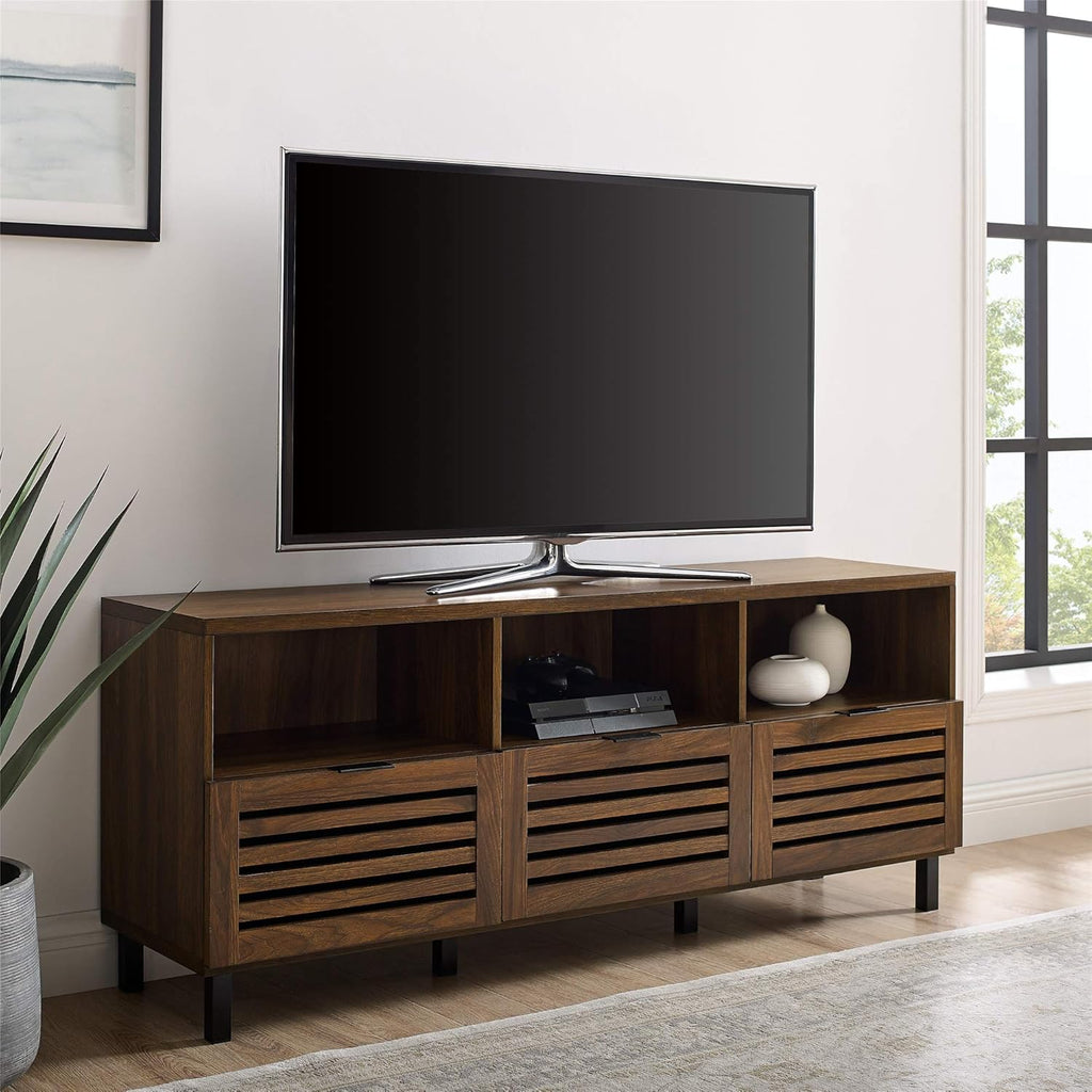 70 Inch Dark Walnut Slatted Wood TV Stand U4328