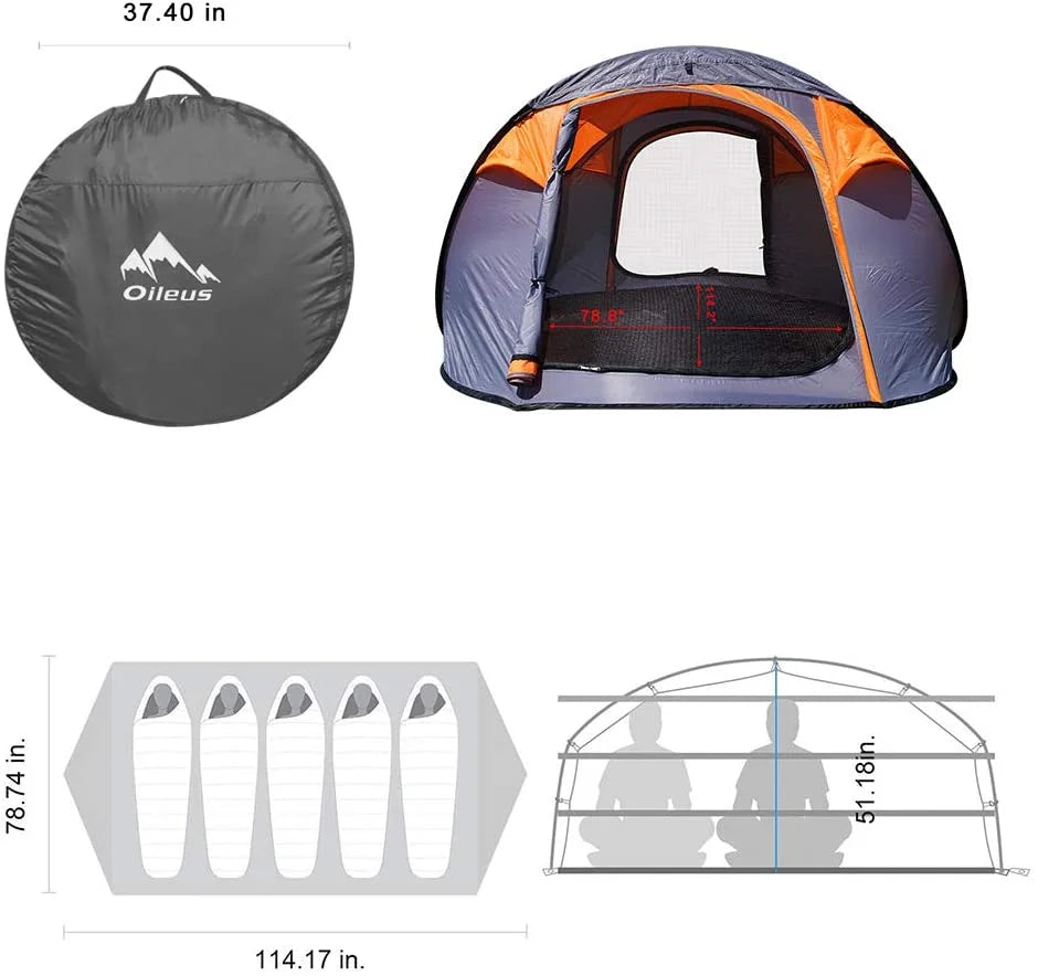 X-large Pop Up Dome Tent 5-6 Person with Carrying Bag Grey L65967