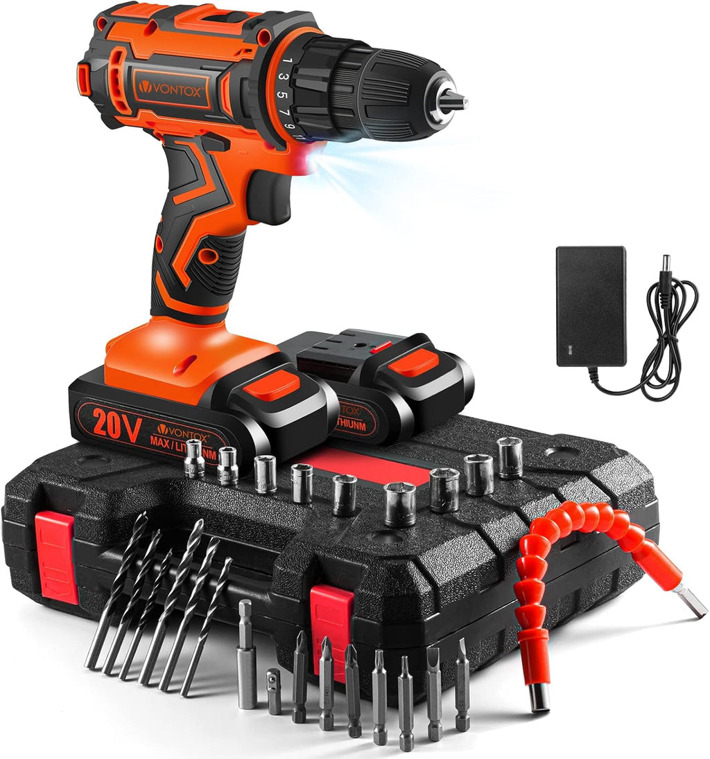 20V Cordless Drill with 2 Batteries 2000mAh and Fast Charger, 3/8" Keyless Chuck, 2 Variable Speed, 370 In-lb Torque T3479