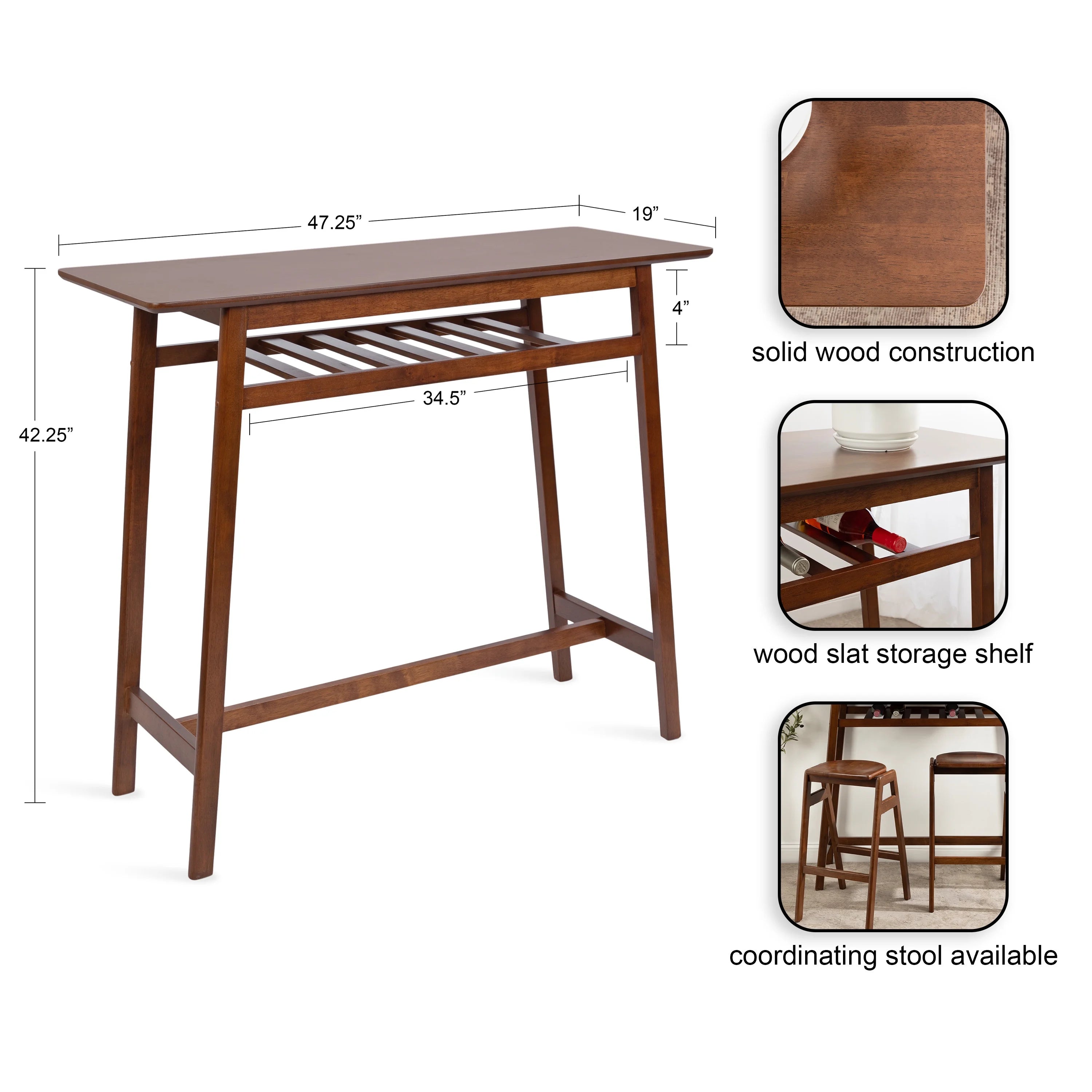 Walnut Brown Wooden Pub Table with Storage Shelf B73242