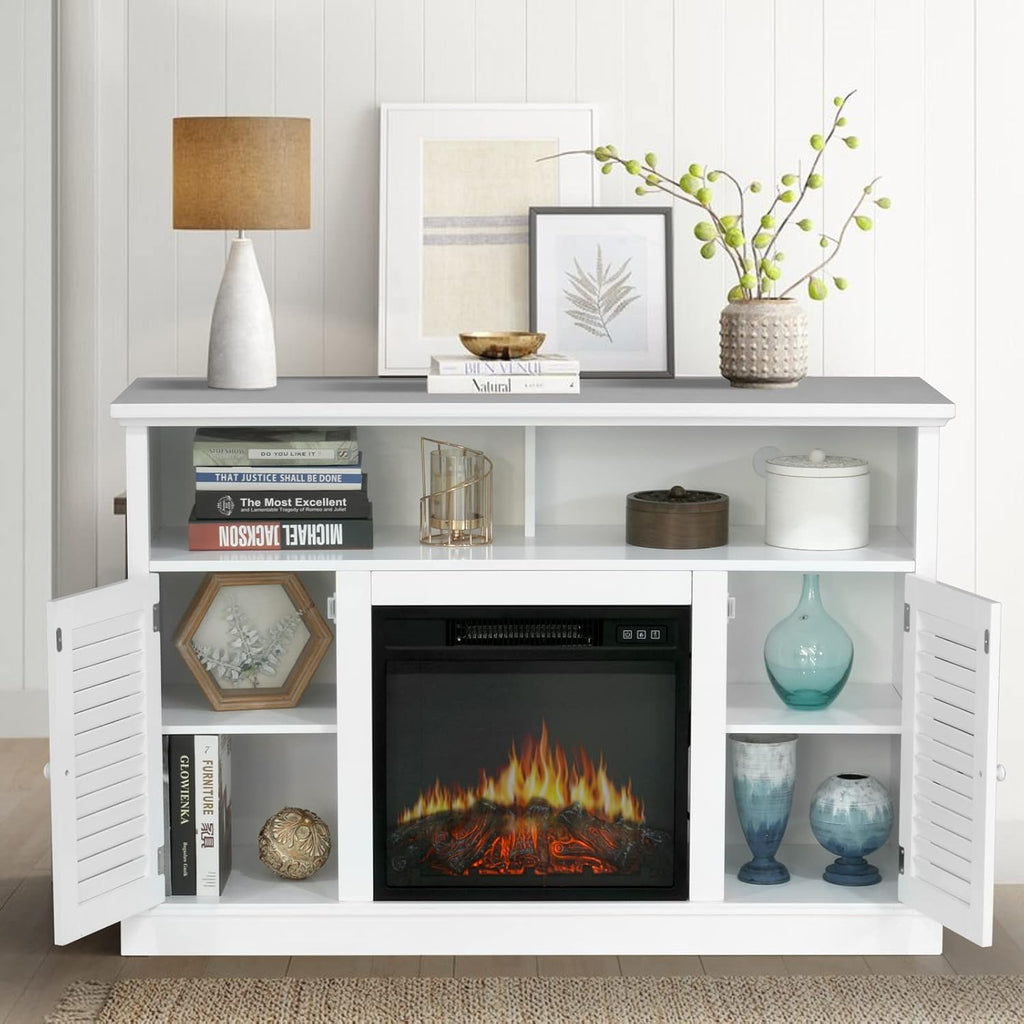 White Fireplace TV Stand with Insert Fireplace and Adjustable Shelves M8830