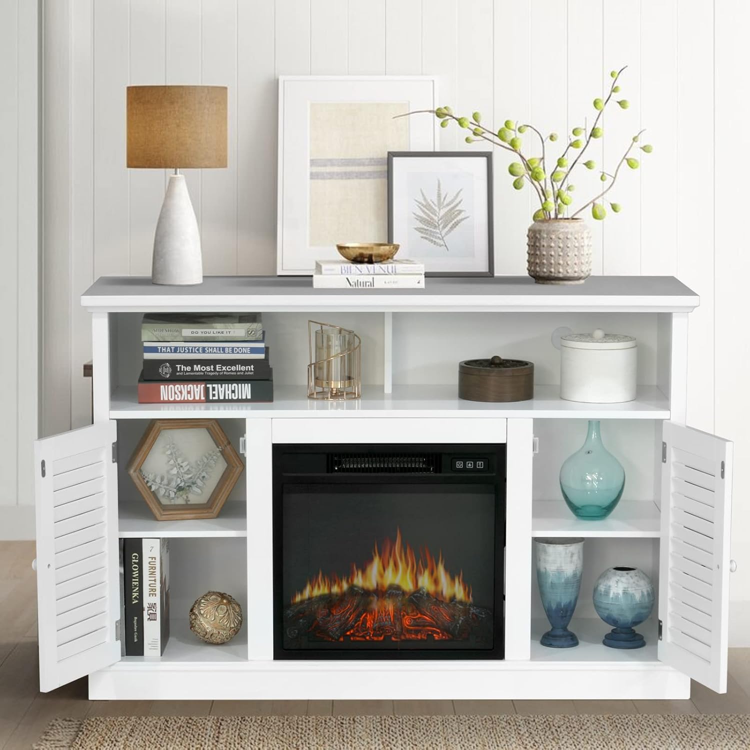 White Fireplace TV Stand with Insert Fireplace and Adjustable Shelves M8830
