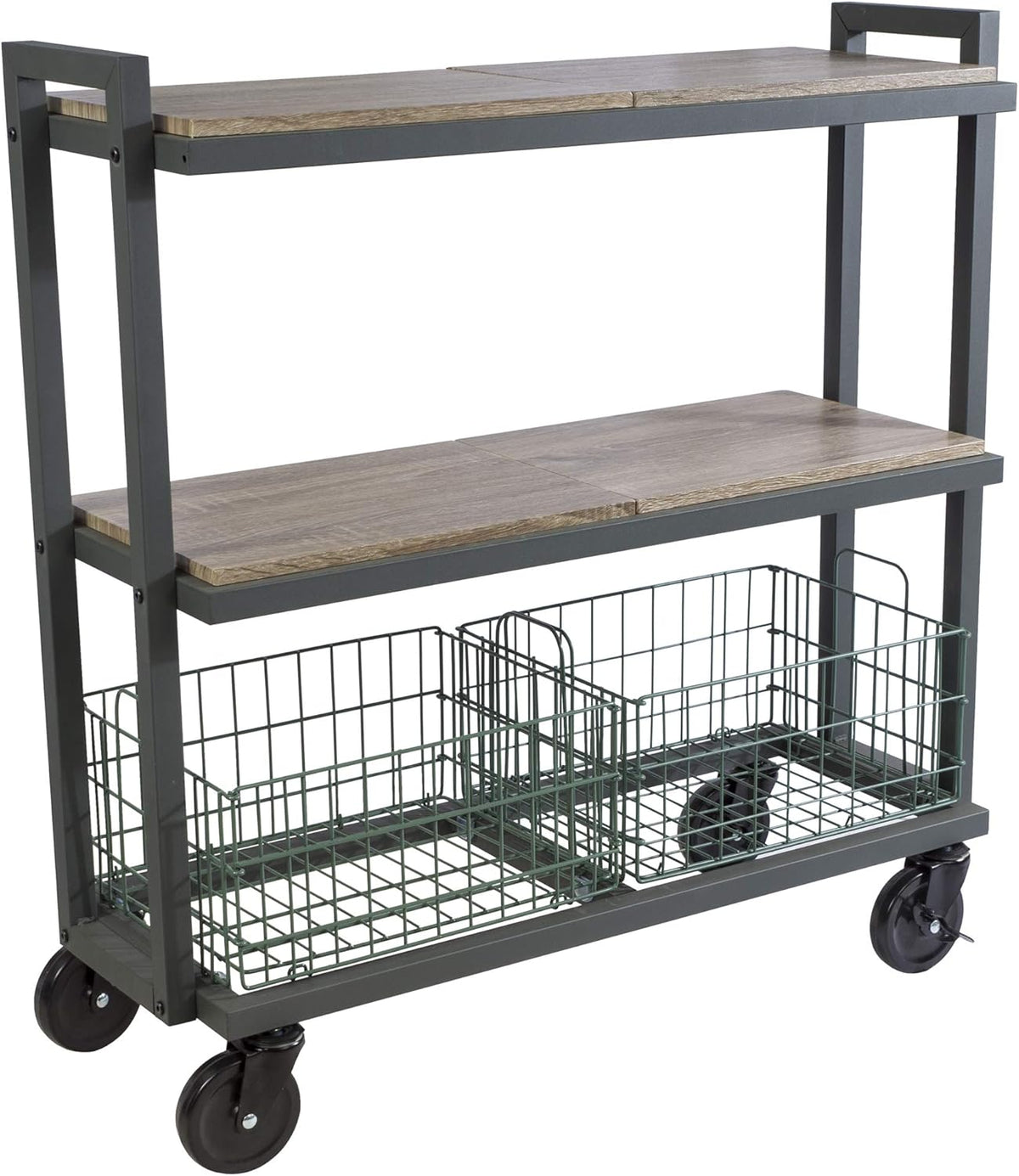 3 Tier Cart with Shelves and Baskets, Powder-Coated Steel Frame in Kale Green D609