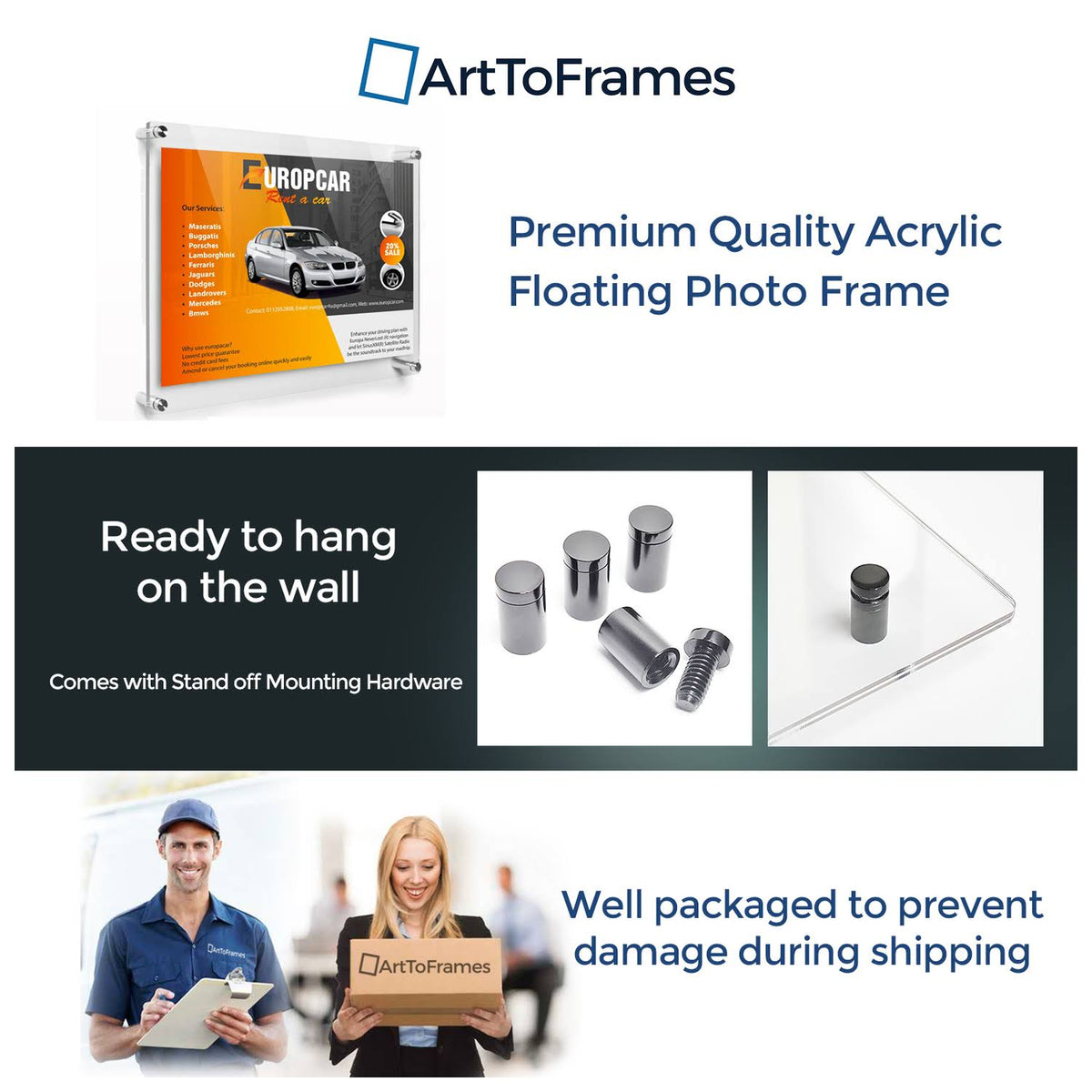 Acrylic Floating Frame for Pictures Up to 22x27 Inches with Black Acrylic Standoff N17388