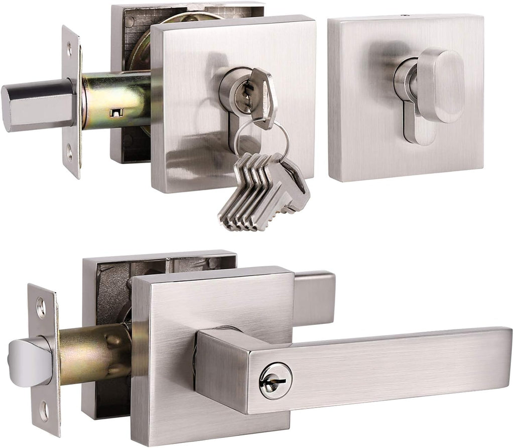 Brushed Nickel Square Entrance Door Lever with Deadbolt Locksets, 2 Pack X801640