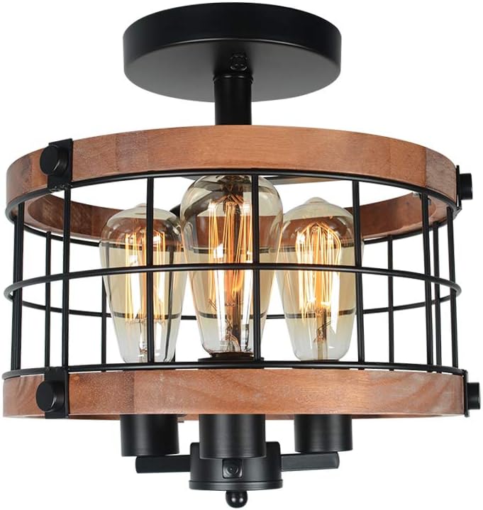Round Rustic Semi Flush Mount Cage Light, Black Metal and Wood Ceiling Light Fixture 3 Lights E26 W797
