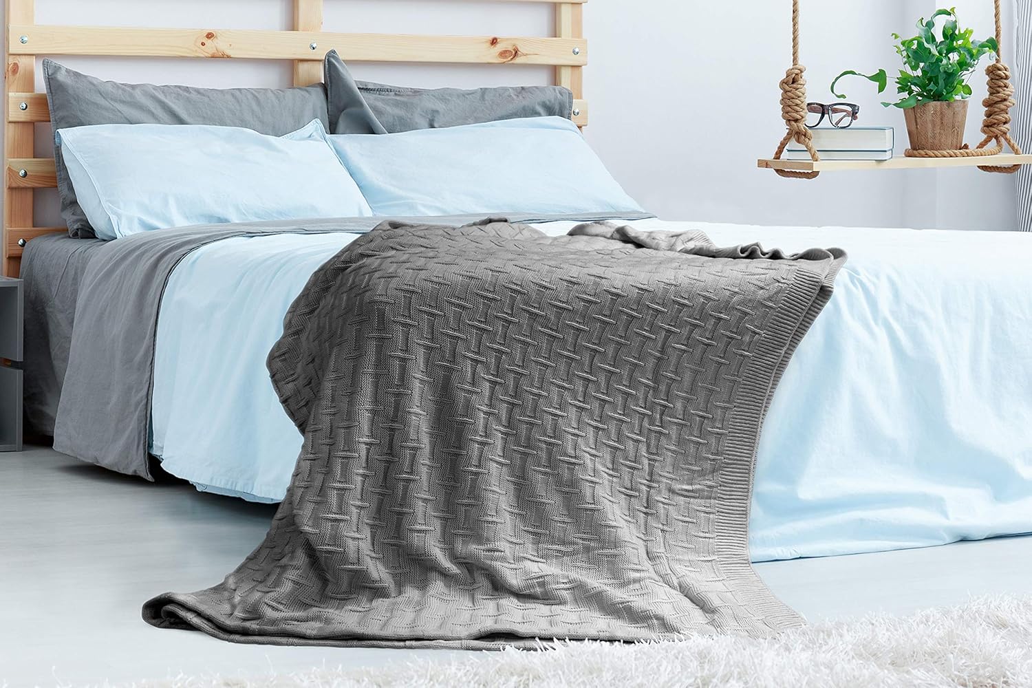 Blue Queen 90”X90” Cotton Basket Weave Blanket S404938