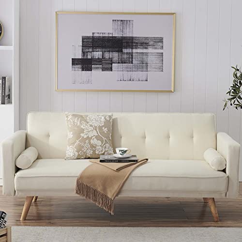 71" Convertible Futon Sofa Bed with 2 Throw Pillows, Beige G600278