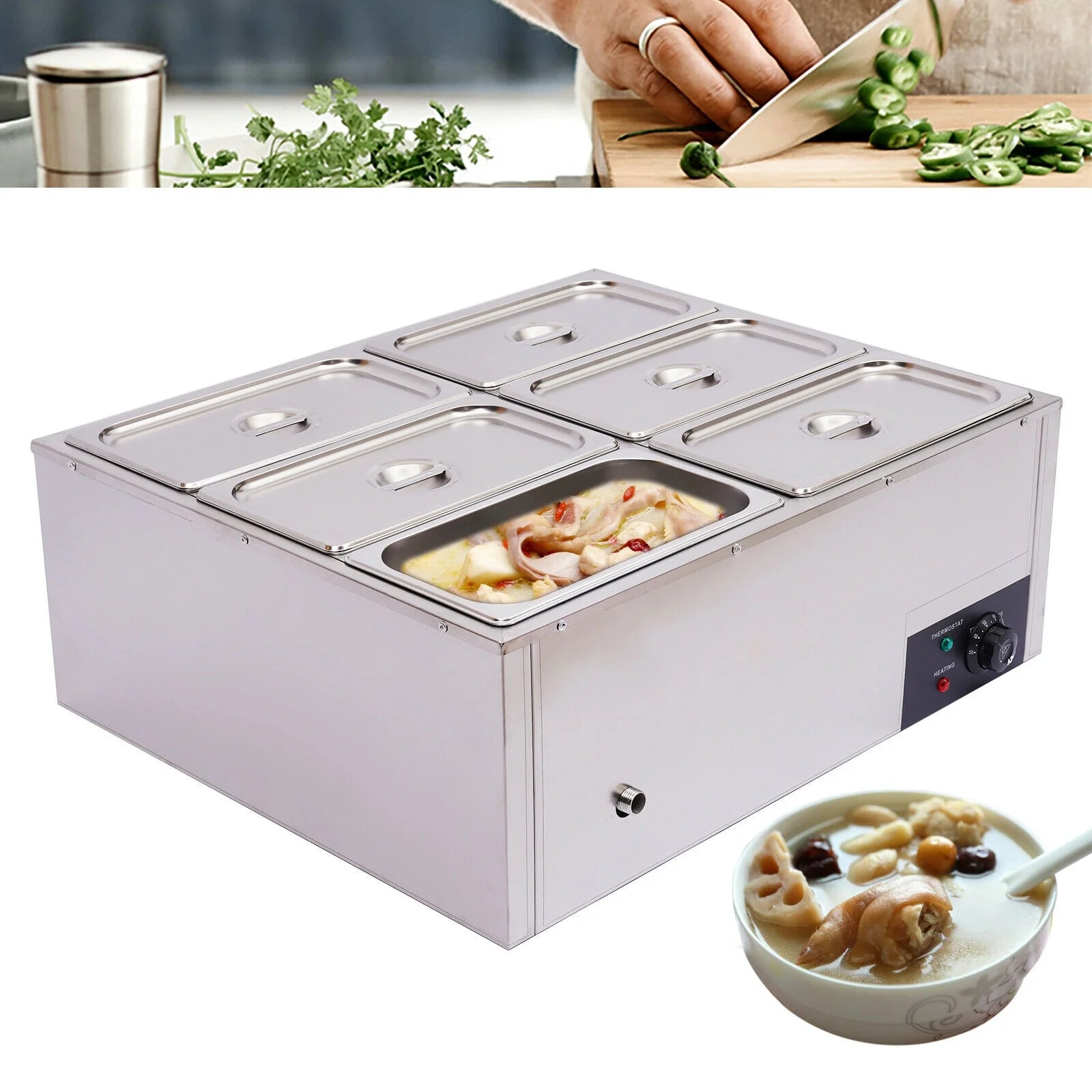 6 Pots Commercial Electric Food Warmer Steam Table Countertop 850W T888