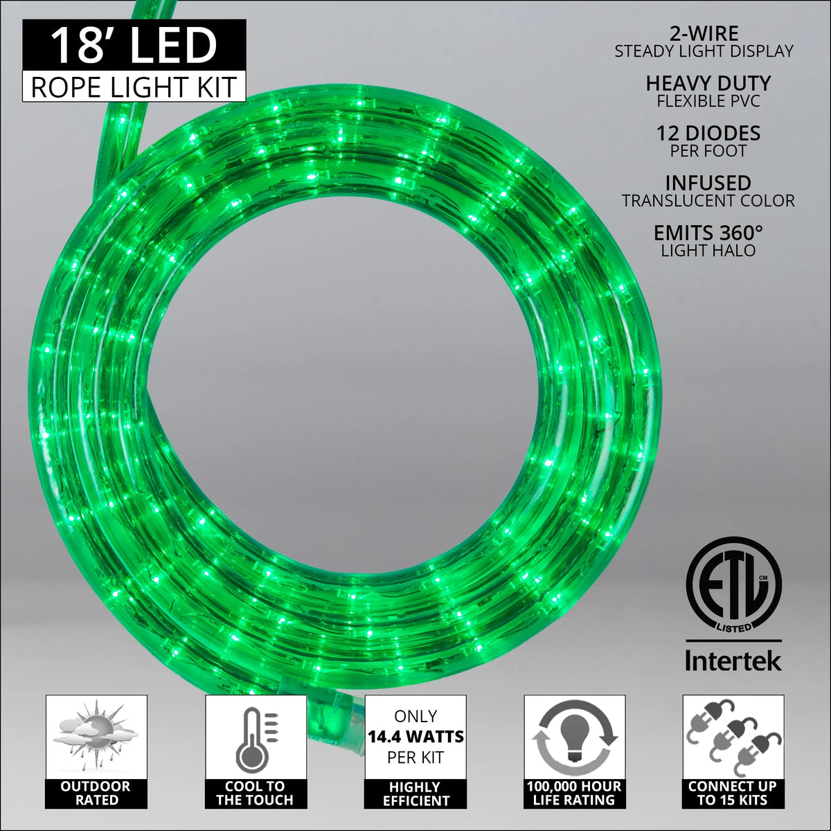 LED Green Rope Light Kit, 216 Lights, Connectable, Mounting Clips Included X694