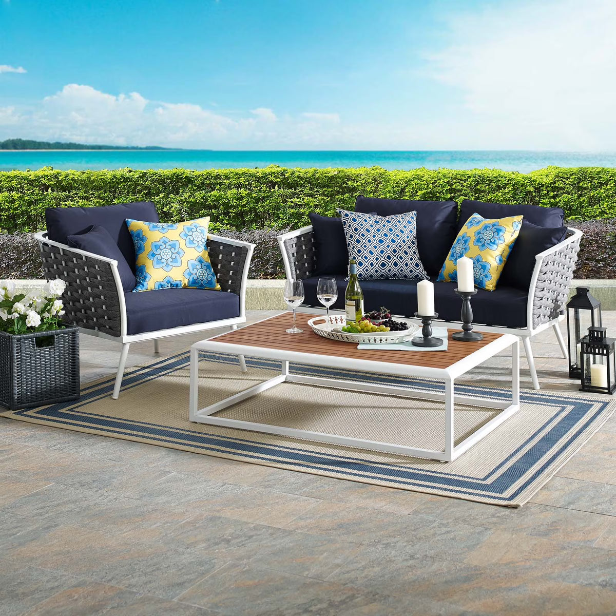 White Navy 3 Piece Aluminum Patio Sectional Sofa Set F301