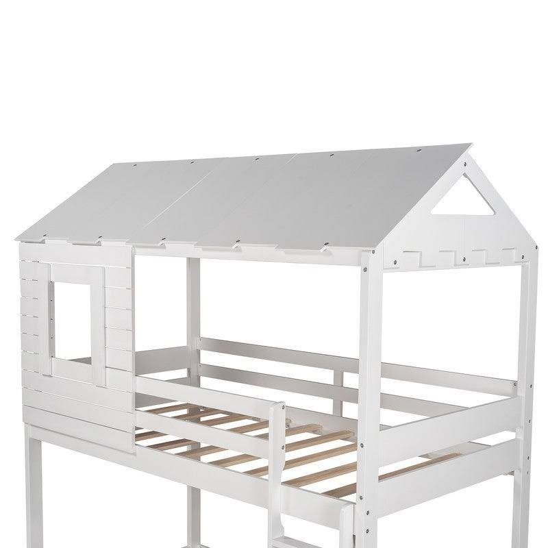 Antique White Twin Over Twin Solid Wood Loft Bed with Ladder D491