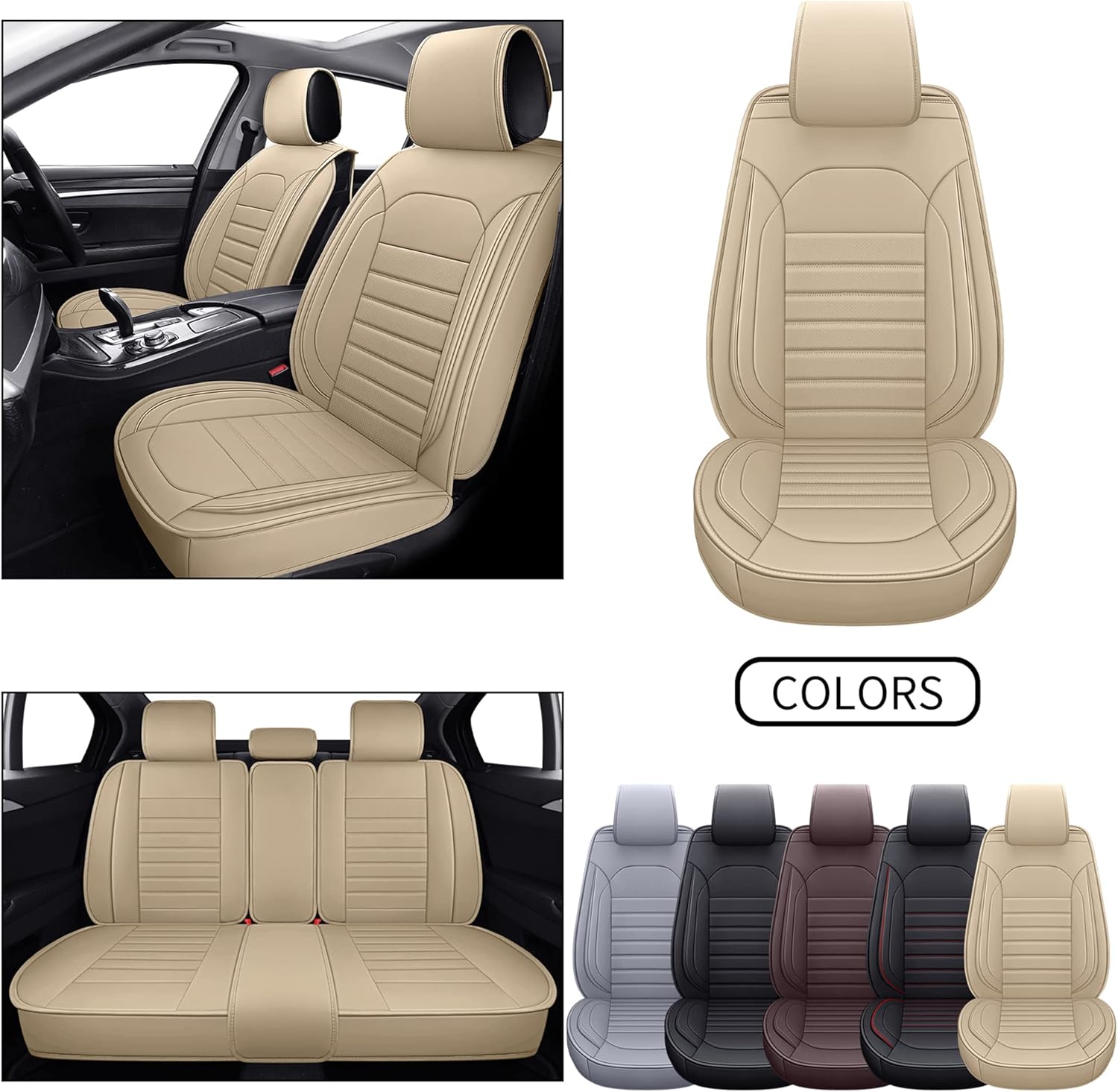Beige Waterproof Faux Leather 5pcs Auto Seat Cover Full Set C2520