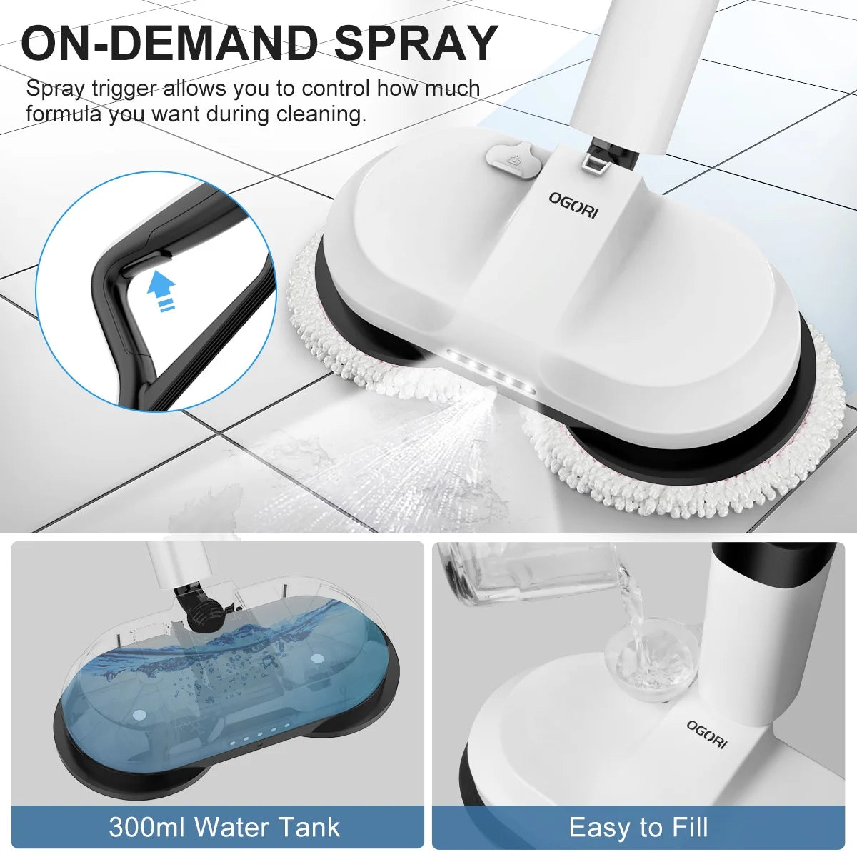 Cordless Electric Spin Mop with 300ml Water Tank and LED Headlight P674