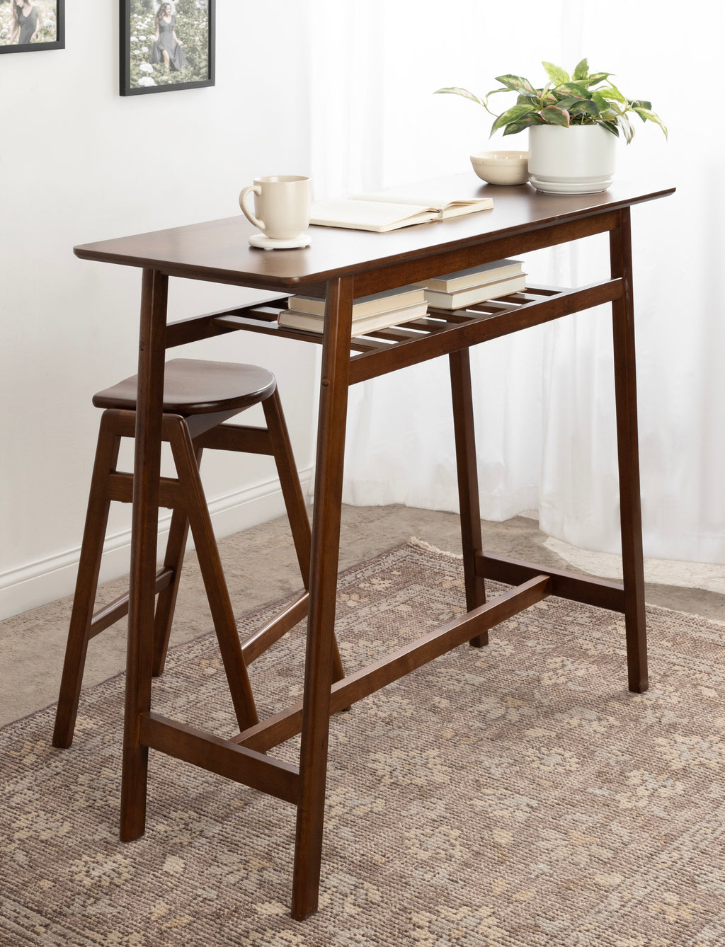 Walnut Brown Wooden Pub Table with Storage Shelf B73242