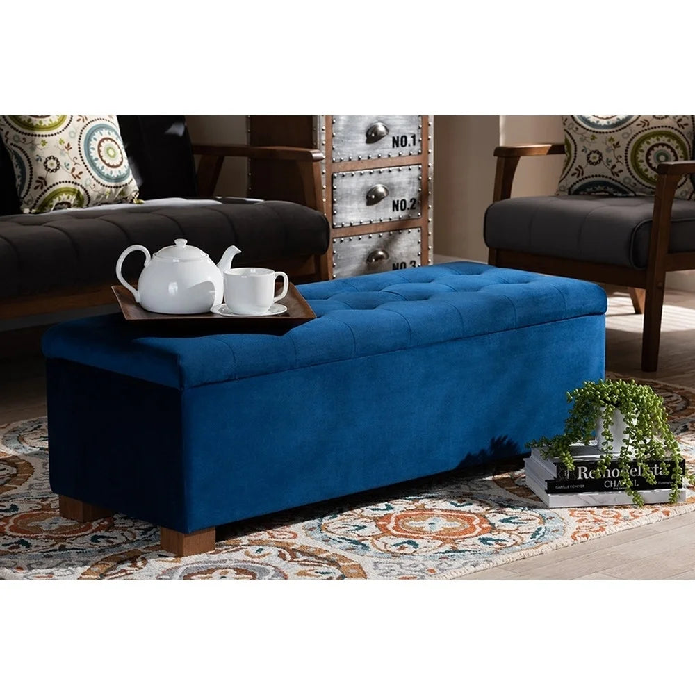 Navy Blue Velvet Storage Ottoman Bench P961