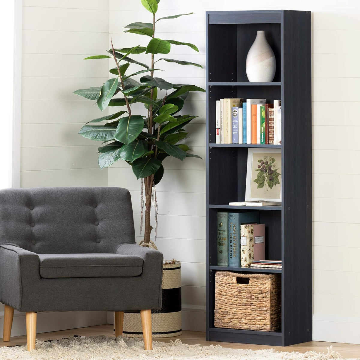 Pure Black 5-Shelf Narrow Bookcase A5156