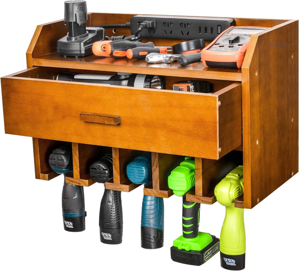 Wooden Cordless Drill Holder Rack Wall Mount with Drawer Pack of 2 H907