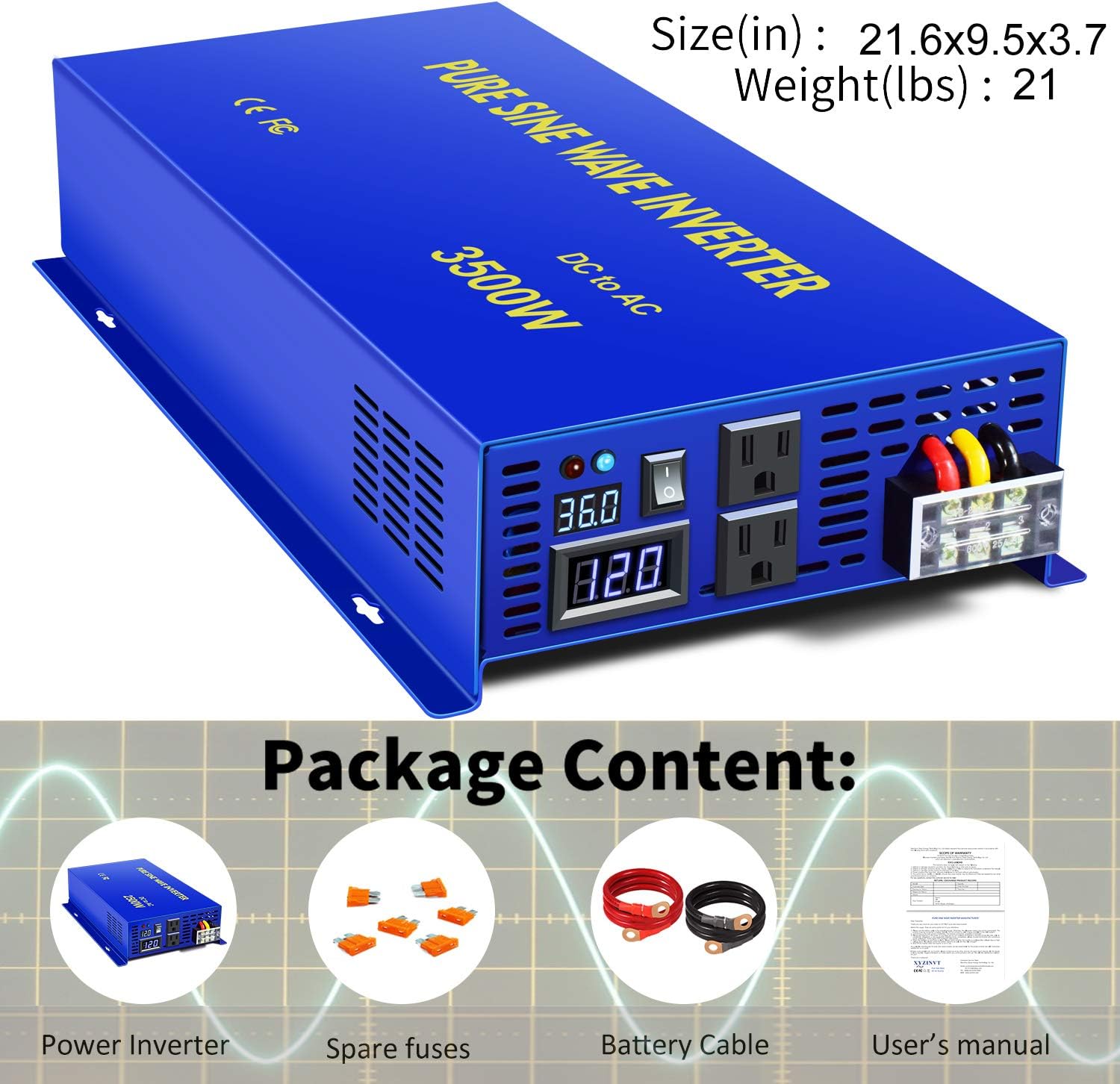 3500W Pure Sine Wave Power Inverter 36V DC to 120V AC with Wireless Remote Control S87470