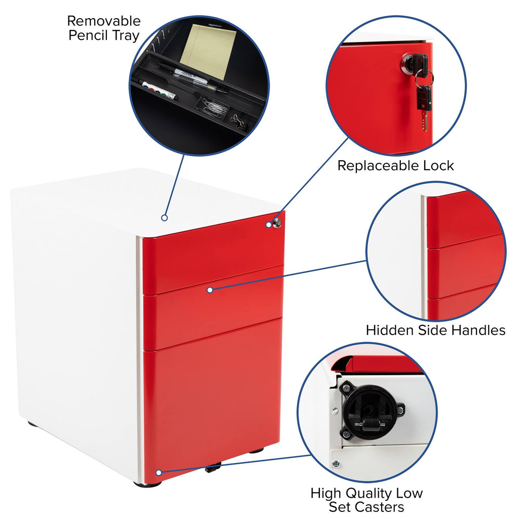 White and Red Mobile Locking Filing Cabinet with Three Drawer K482469