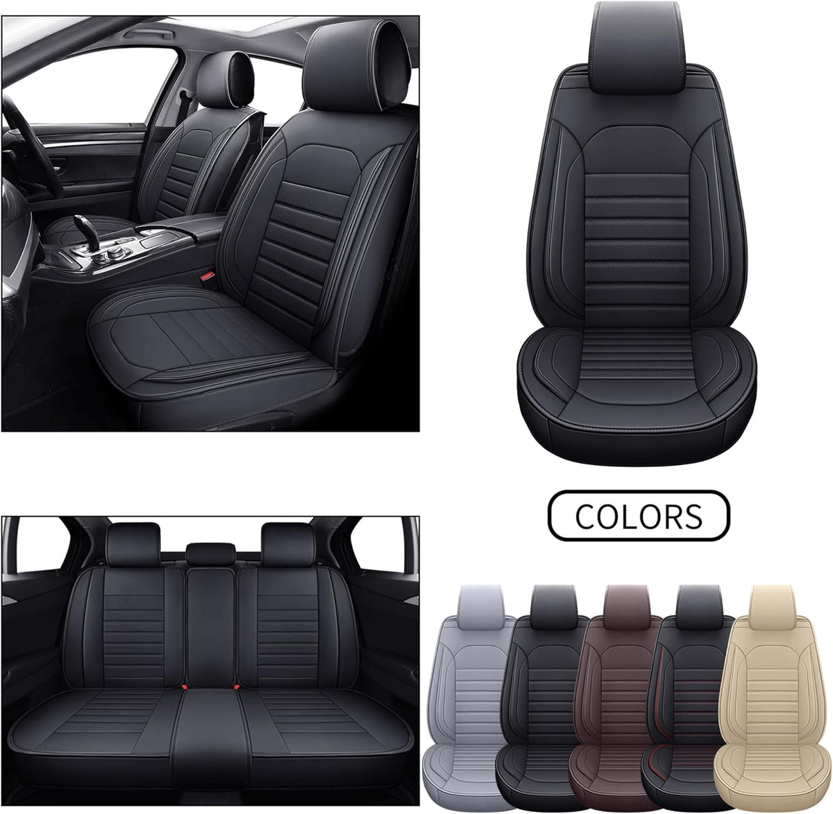 Beige Waterproof Faux Leather 5pcs Auto Seat Cover Full Set C2520