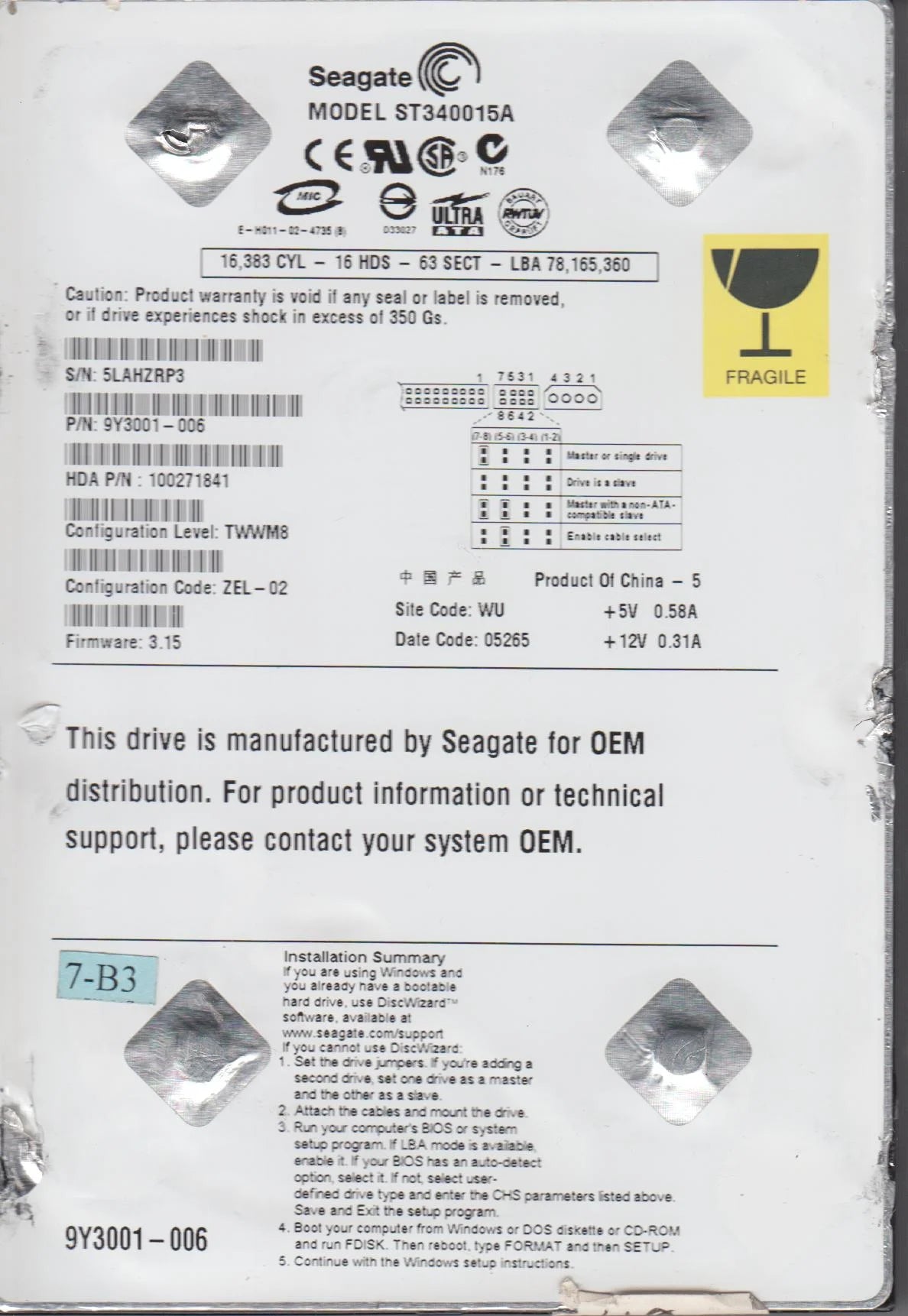 40GB IDE 3.5 Hard Drive V27378