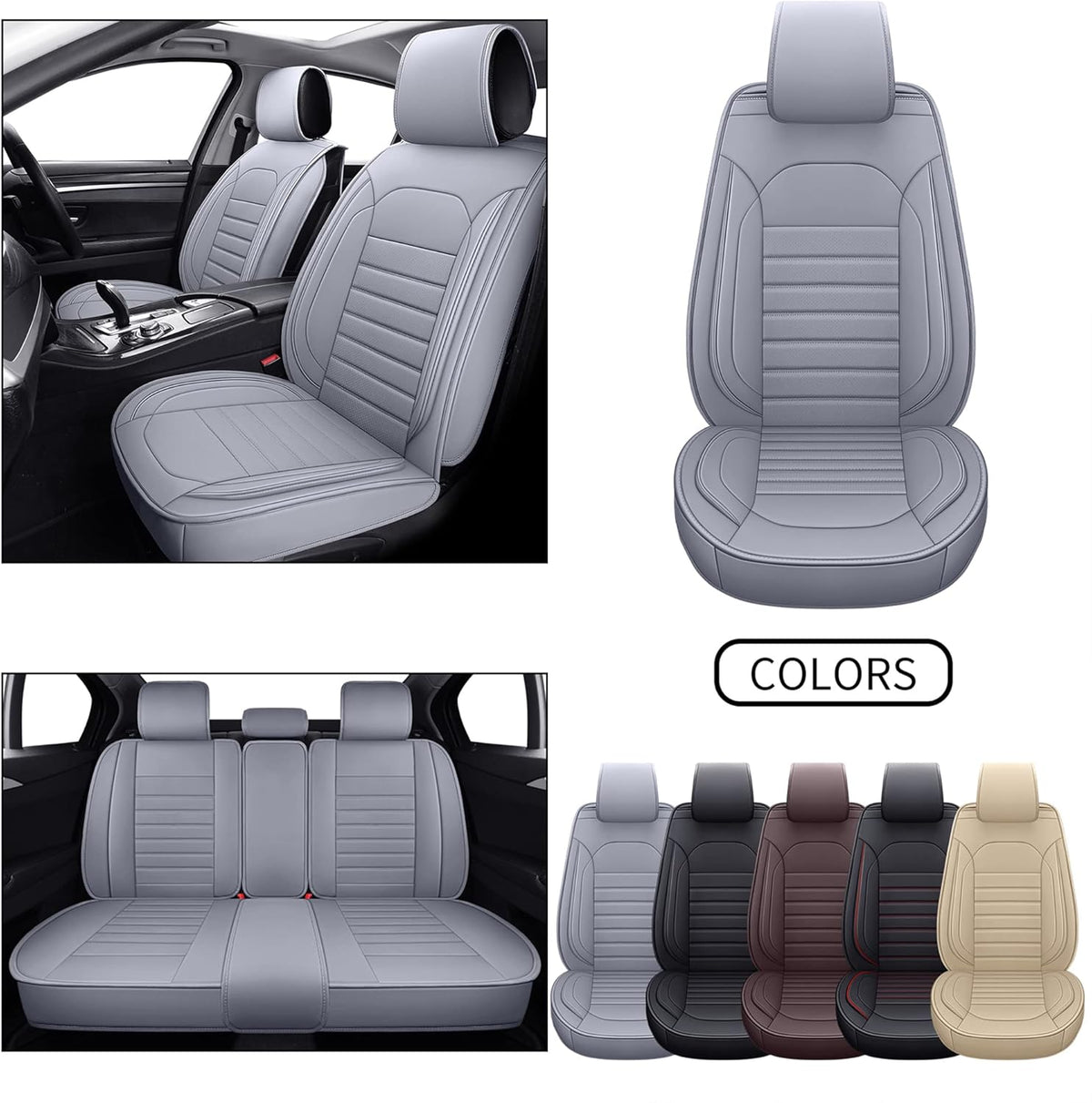 Beige Waterproof Faux Leather 5pcs Auto Seat Cover Full Set C2520