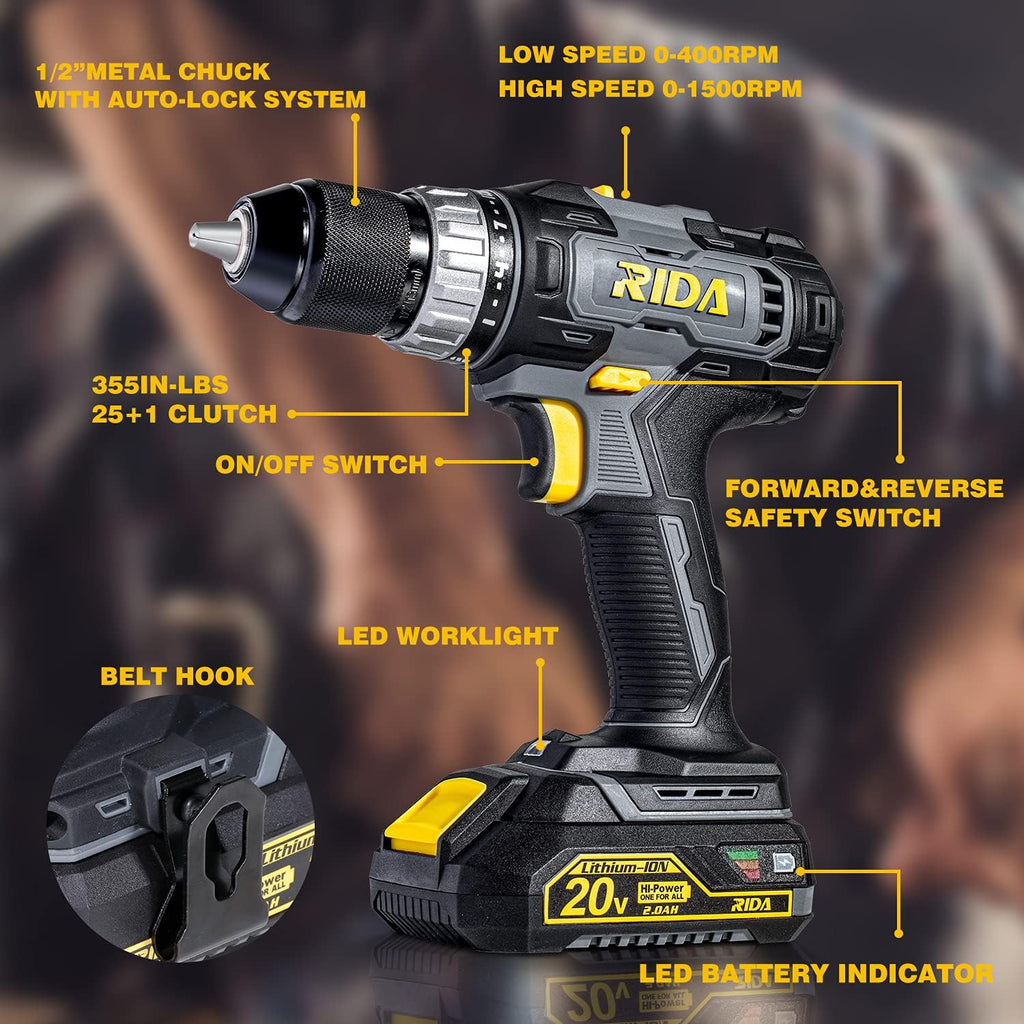 Cordless Drill 20V Electric Power Drill Set with 1/2'' Keyless Metal Chuck, 2.0AH Lithium-ion Battery & Fast Charger, 21pcs Drill Bits J837306