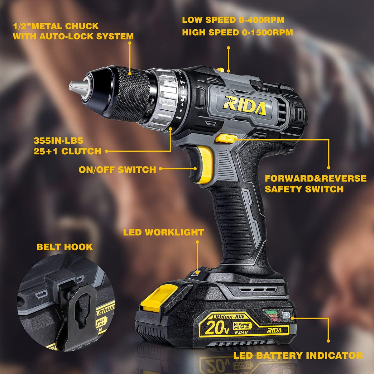 Cordless Drill 20V Electric Power Drill Set with 1/2'' Keyless Metal Chuck, 2.0AH Lithium-ion Battery & Fast Charger, 21pcs Drill Bits J837306