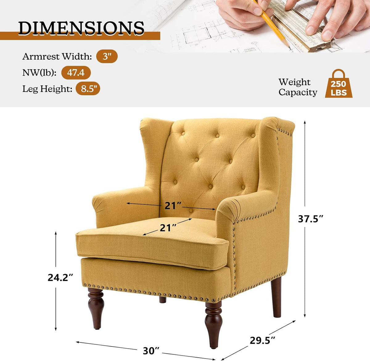 Mustard Tufted Fabric Upholstered Armchair Set Of 2 M378910