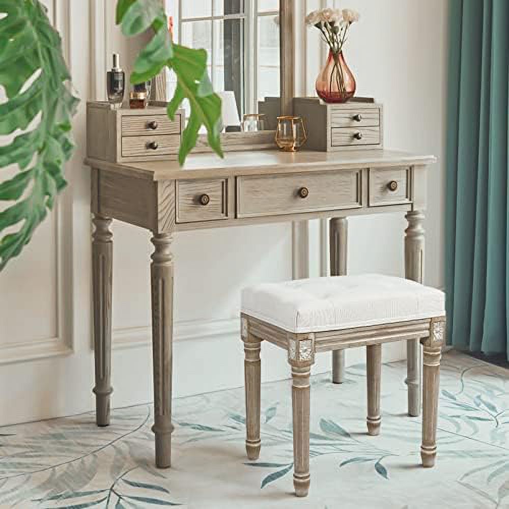 Vintage Tufted Ottoman Stool with Linen Padding and Solid Wood Leg V451089