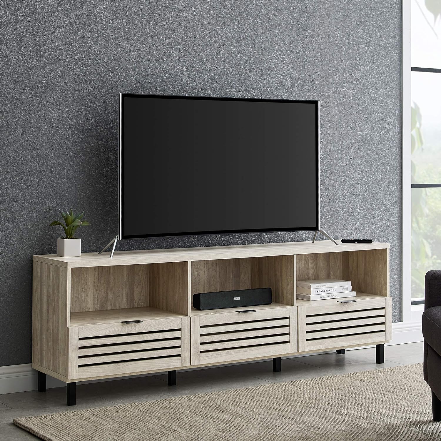 70 Inch Dark Walnut Slatted Wood TV Stand U4328