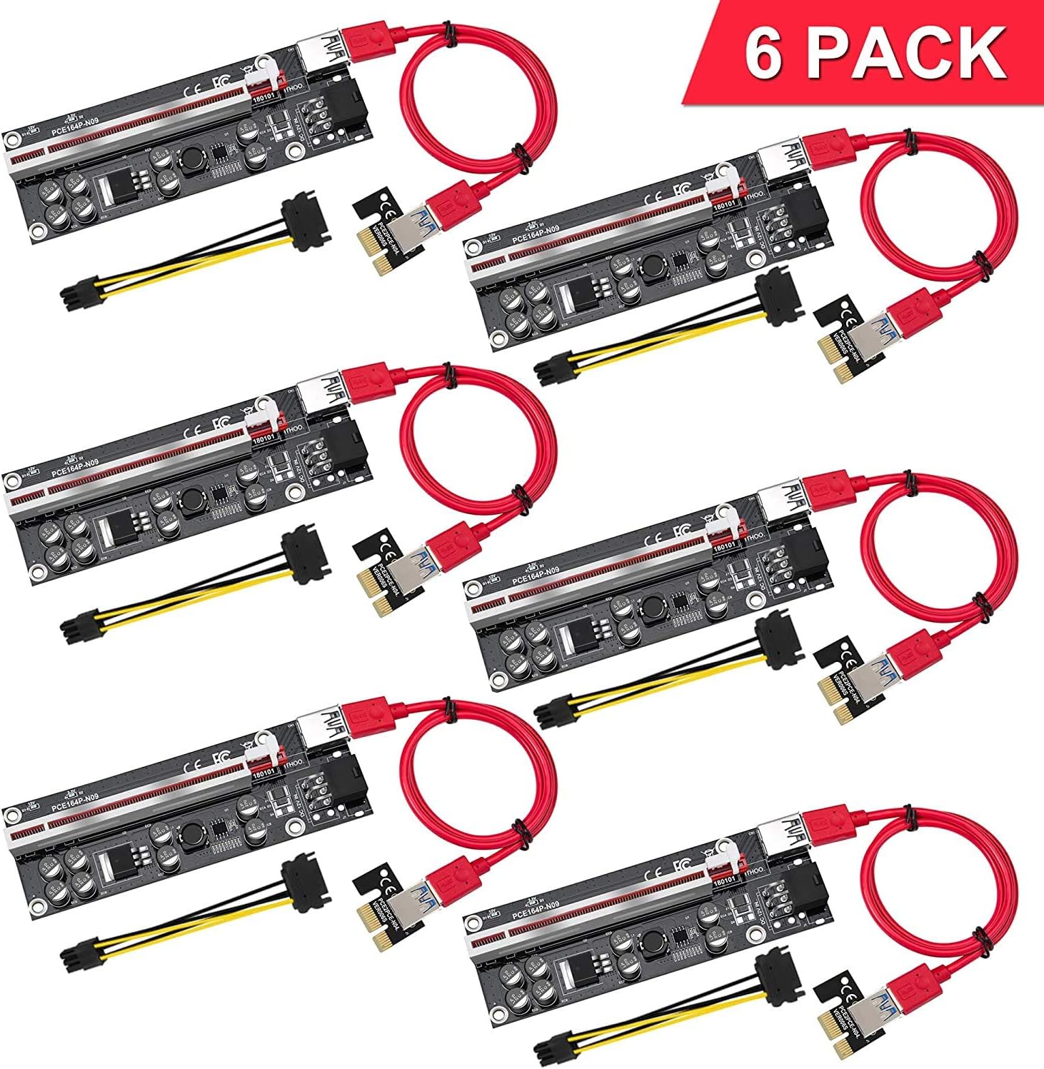 PCIE Riser 1X to 16X Graphics Extension Adapter Card, 8 Capacitors, 60cm USB 3.0 Cable, 6PIN Power Option, 6-Pack U8967