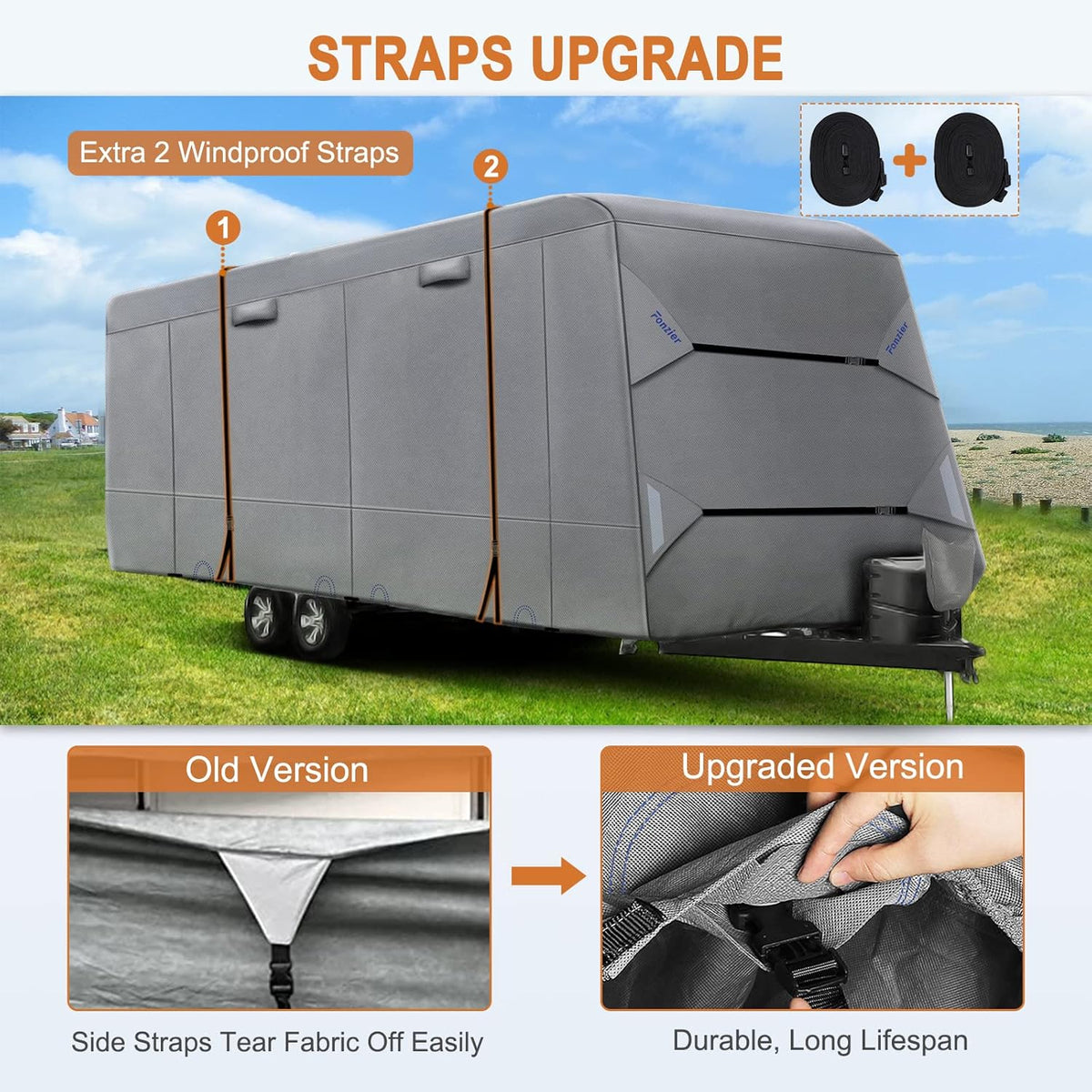Heavy Duty 6 Layers Travel Trailer RV Cover Anti-UV Breathable Rip-Stop with 2Pcs Extra Straps & Gutter Spout Covers E74438
