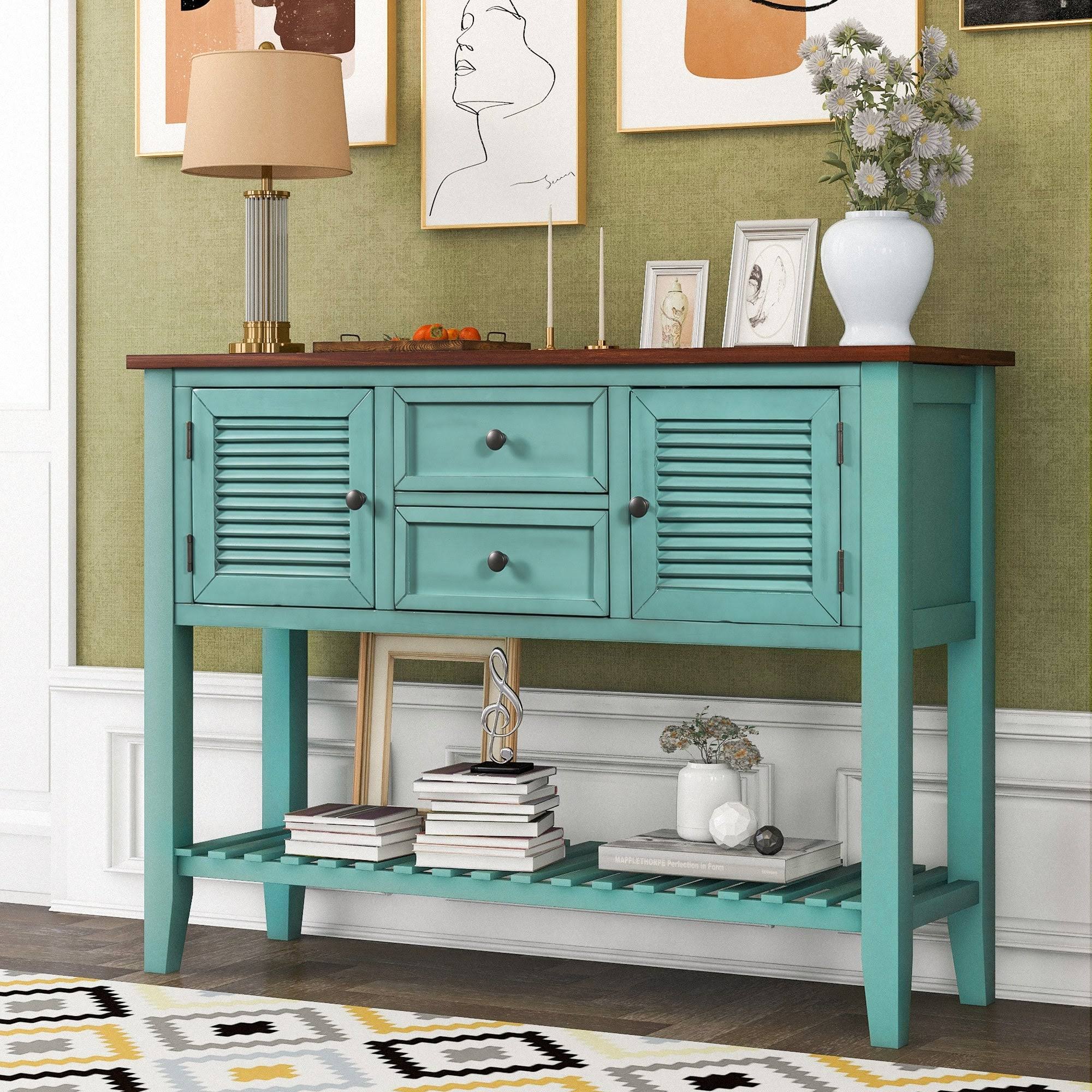 Blue Console Table with 2 Drawers and Bottom Shelf E514888