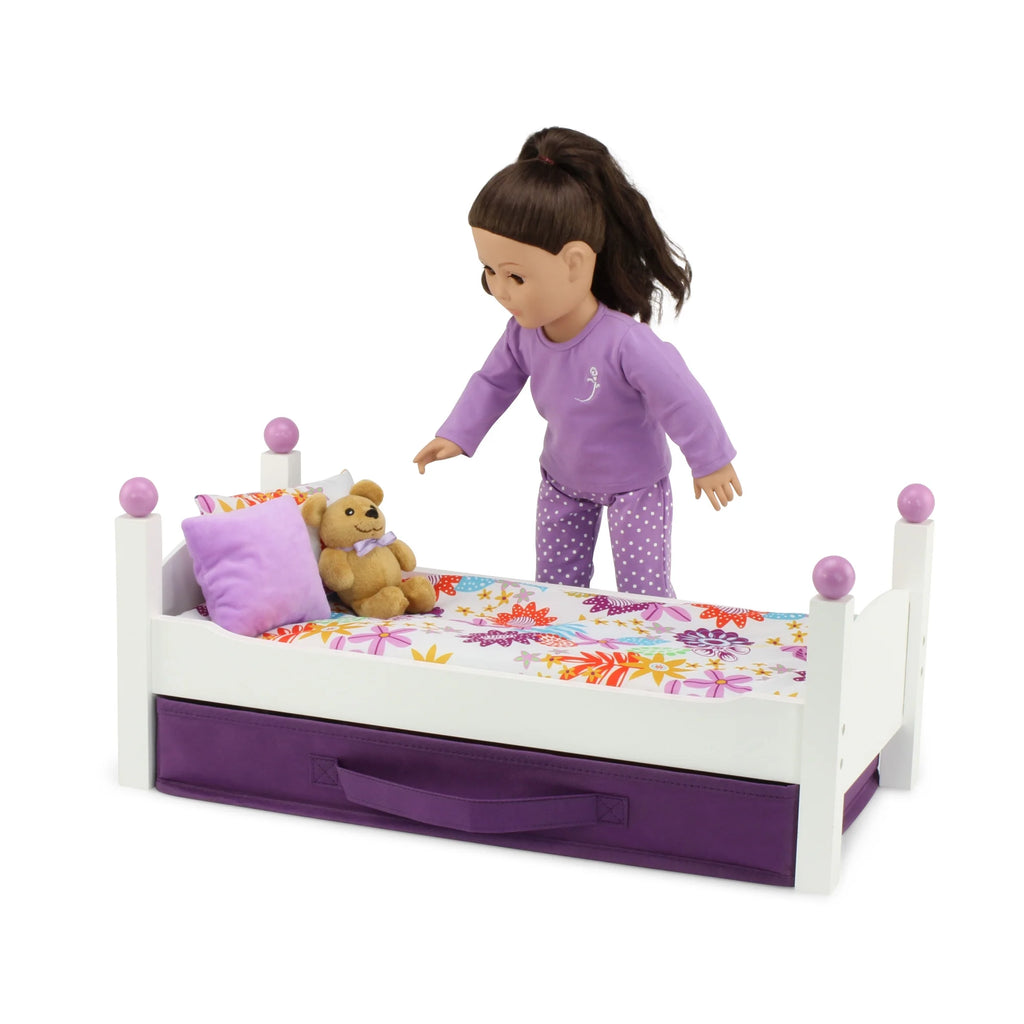 18 Inch Doll Bed with Fabric Storage Bin and Reversible Doll Bedding A28809